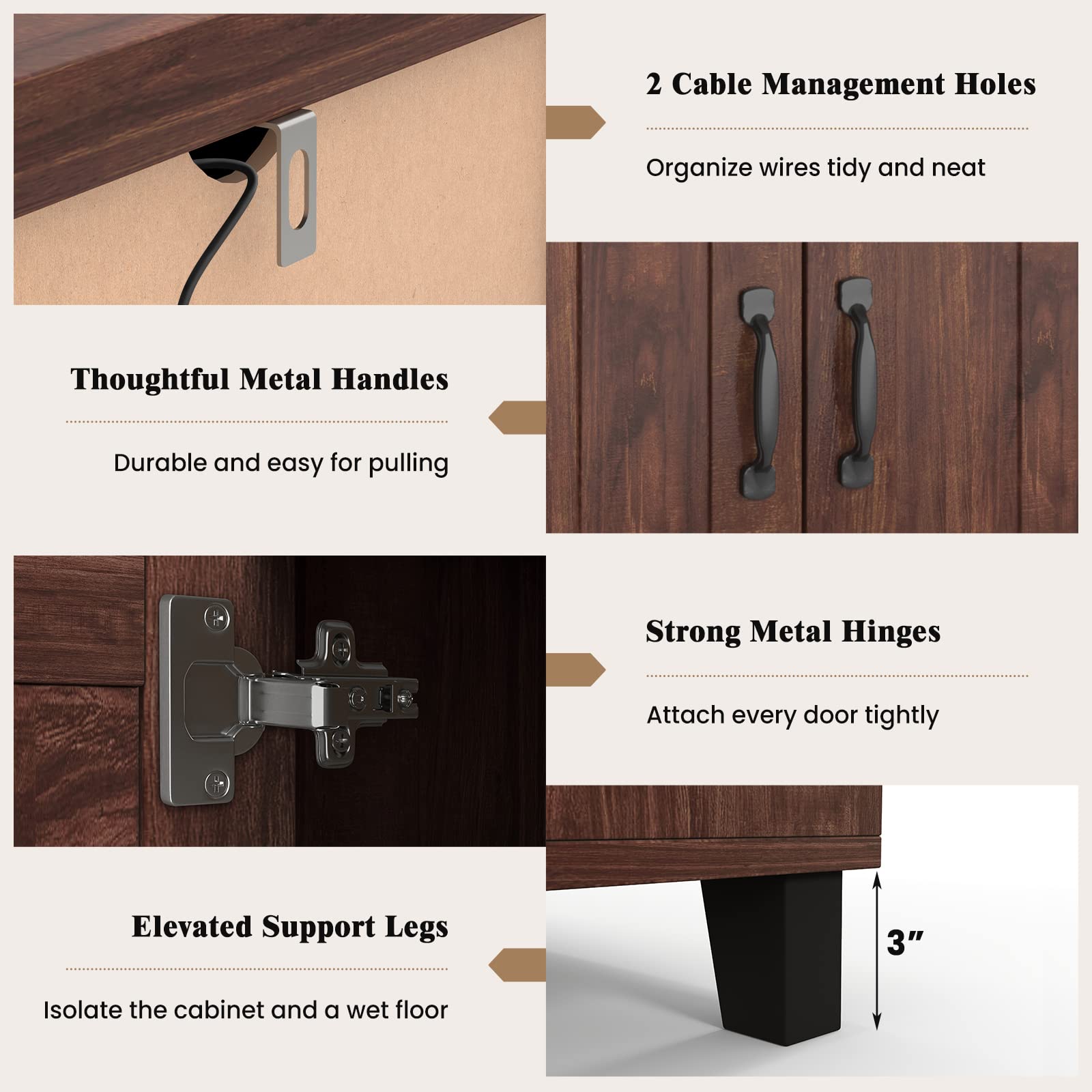 Giantex 3-Door Buffet Cabinet with Adjustable Shelves & Cable Management - Kitchen Storage Cupboard, Coffee Bar Console for Living Room - Anti-Tip Design, Brown (Perfect for Dining Room Storage & Home Organization)