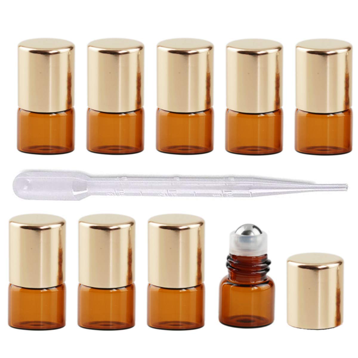 50Pcs 1ml (1/4 Dram) Refillable Empty Glass Roll On Bottles for Essential Oils, Perfumes & DIY Cosmetics - Mini Travel Size with Gold Lids & Stainless Steel Roller Balls - Perfect for Aromatherapy, Skincare & On-the-Go Use
