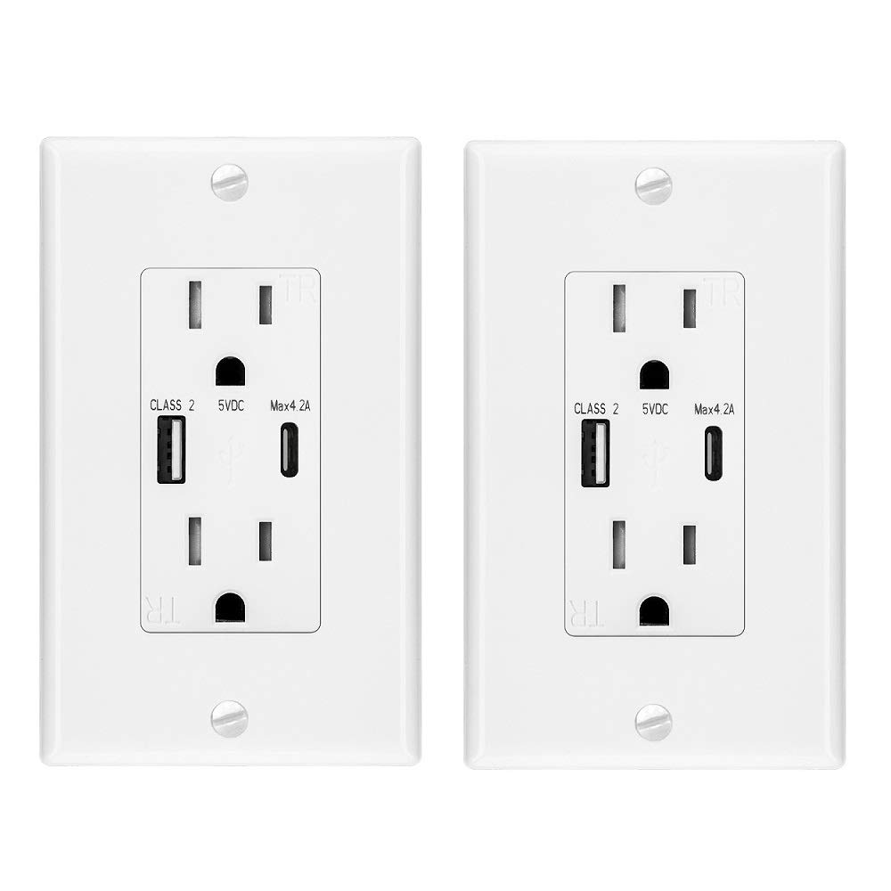 AUWEOYEN 4.2A USB C Outlet with Type A & C Ports | 15A/125V TR Receptacle | High Speed Smart Charger Socket | Tamper Resistant Electrical Outlet | ETL Listed | Includes Wall Plate (2-Pack, White) - Perfect for Home, Office & Hotel Charging Stations