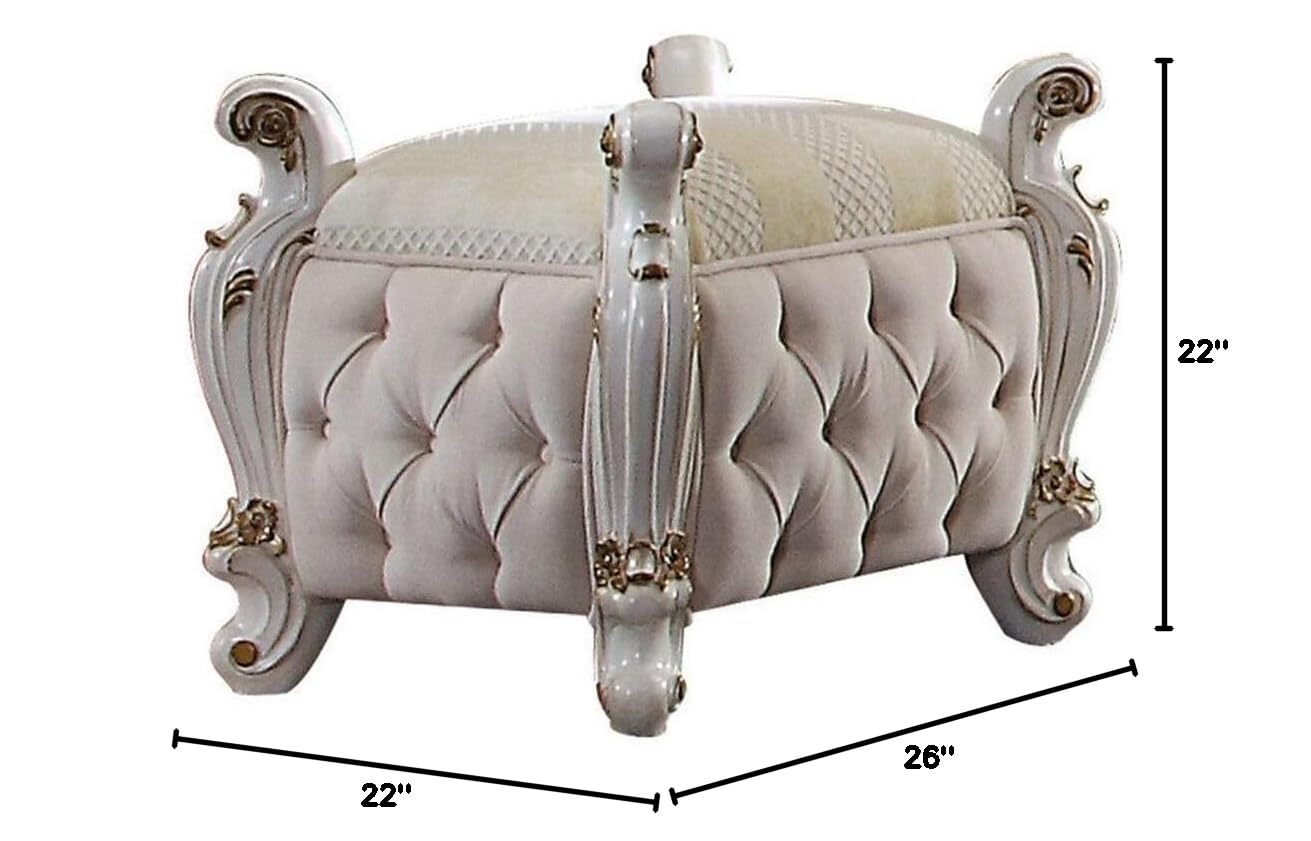 Acme Picardy Fabric & Antique Pearl Vanity Stool - Elegant Makeup Seat for Bedroom Dressing Table & Boudoir Decor