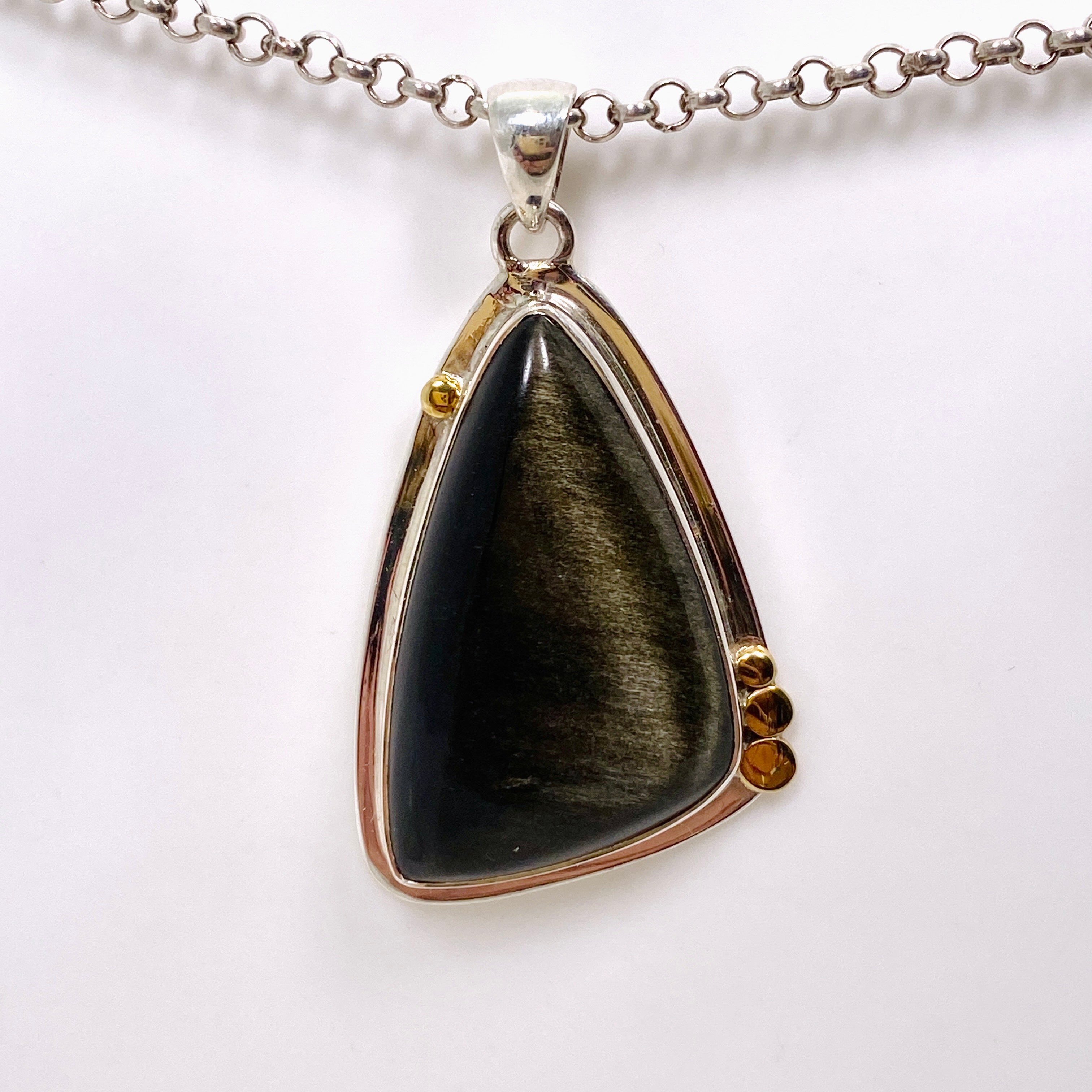 Goldsheen Obsidian Freeform Cabochon Pendant - Handcrafted Silver Jewelry with Decorative Setting KPGJ4762 | Perfect for Meditation, Energy Healing & Boho Fashion