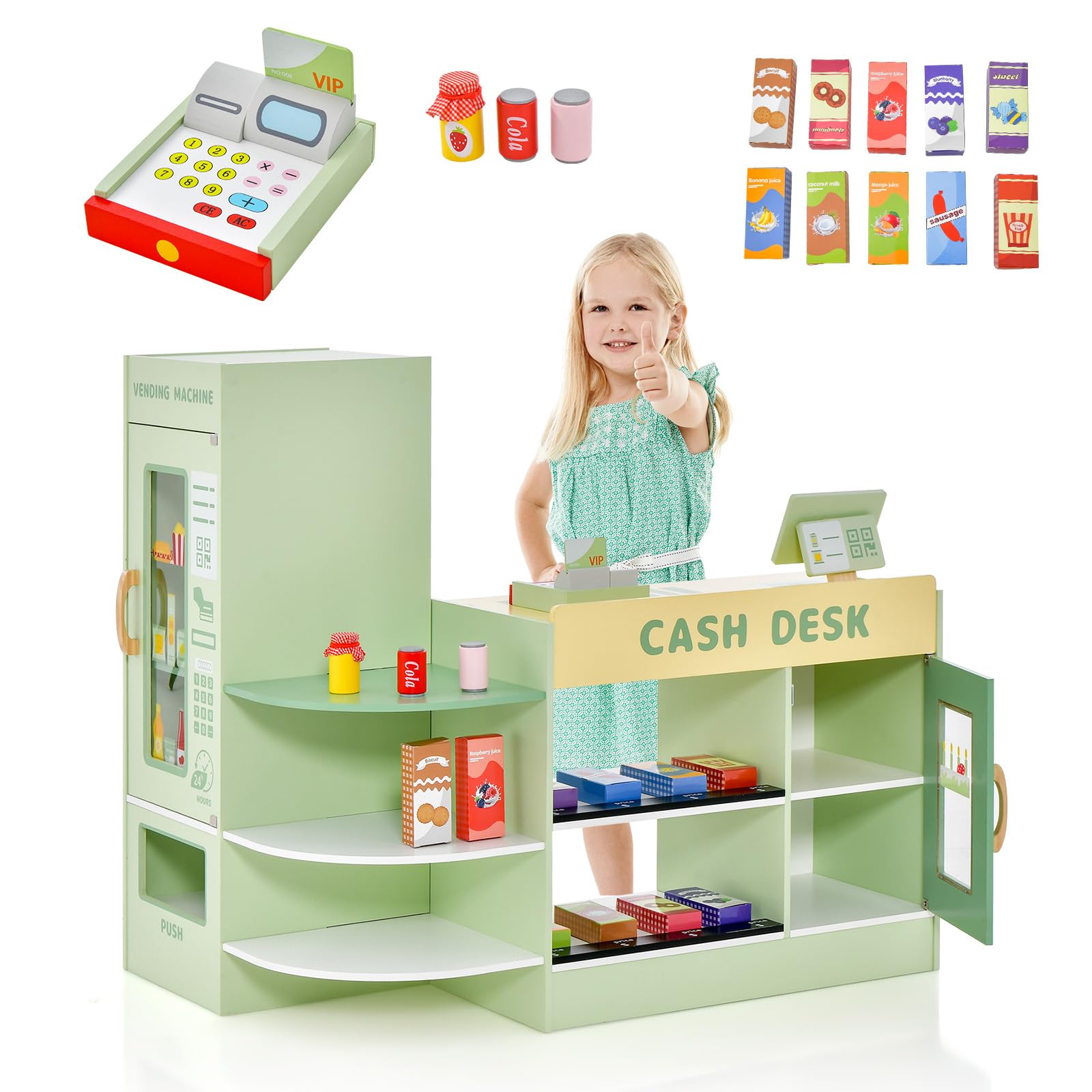 GLACER Wooden Pretend Play Grocery Store Set for Kids Ages 3-8 - 15-Piece Playset with Cash Register, POS System, Vending Machine & Chalkboard - Educational Toy for Boys & Girls - Perfect for Role Play, Preschool Learning & Birthday Gifts