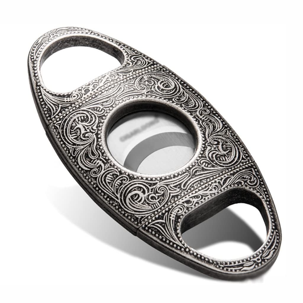 Premium Stainless Steel Cigar Cutter - Double Blade Guillotine Design with Retro Engraving | Portable Cigar Accessory | Gift Box Included (Silver) | Perfect for Cigar Lovers, Home Bars & Outdoor Smoking