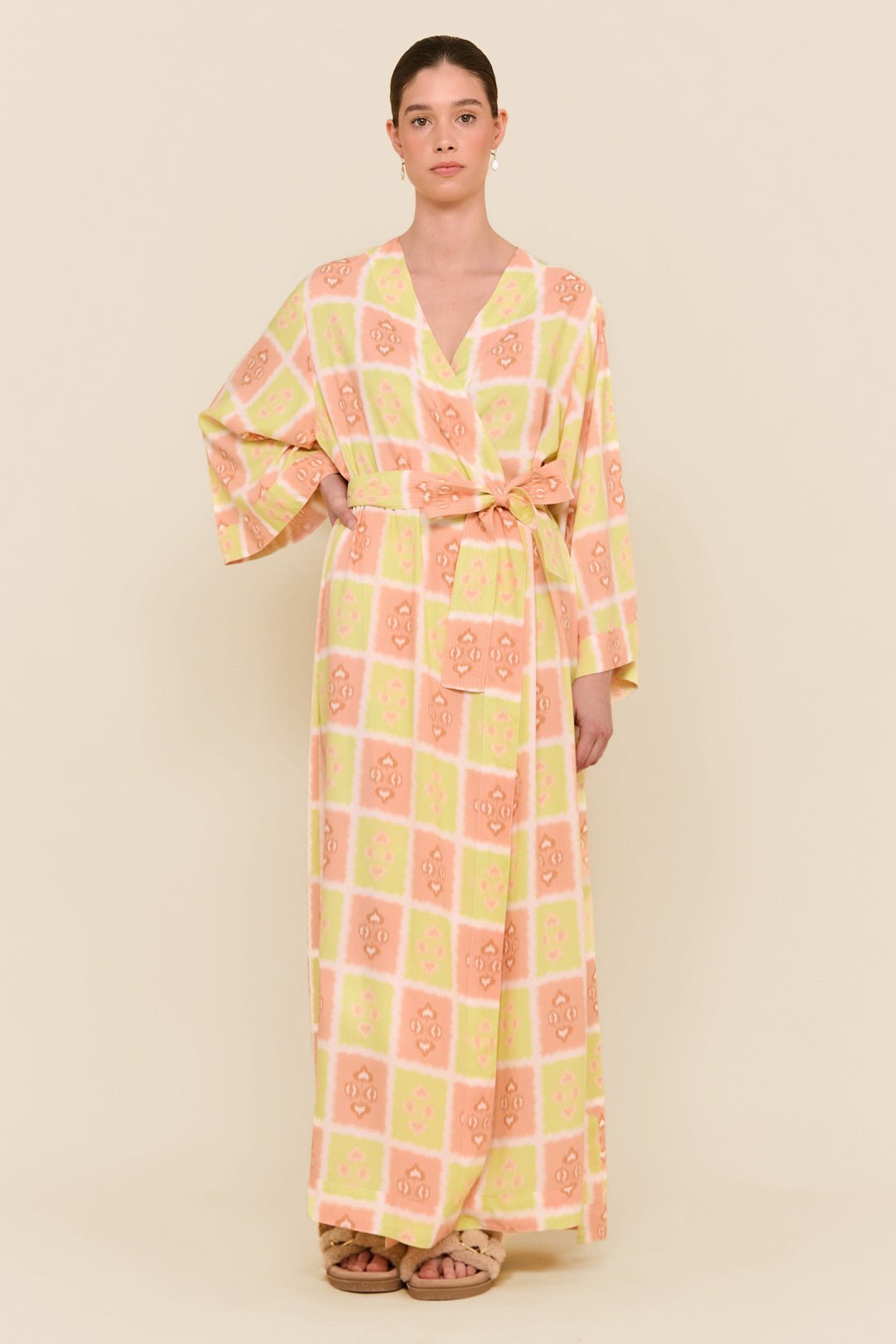 Alice Kimono Robe Long Ikat Gelato Print - Women's Lightweight Cotton Bathrobe for Spa, Lounge & Beach Cover Up