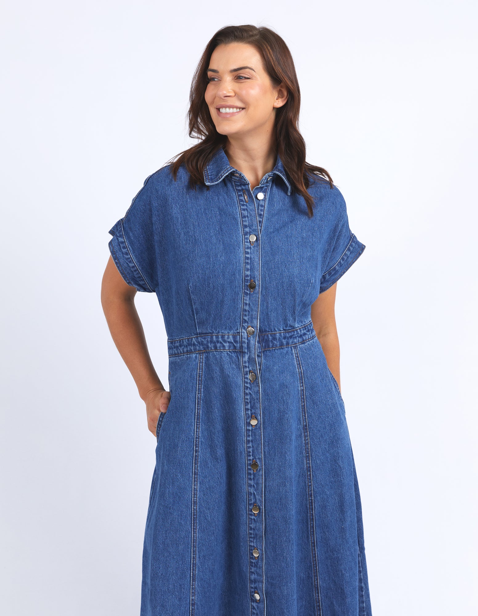 Elm Aimee Women's Denim Dress - Mid Blue Wash Casual Style for Everyday Wear, Date Night & Summer Outfits