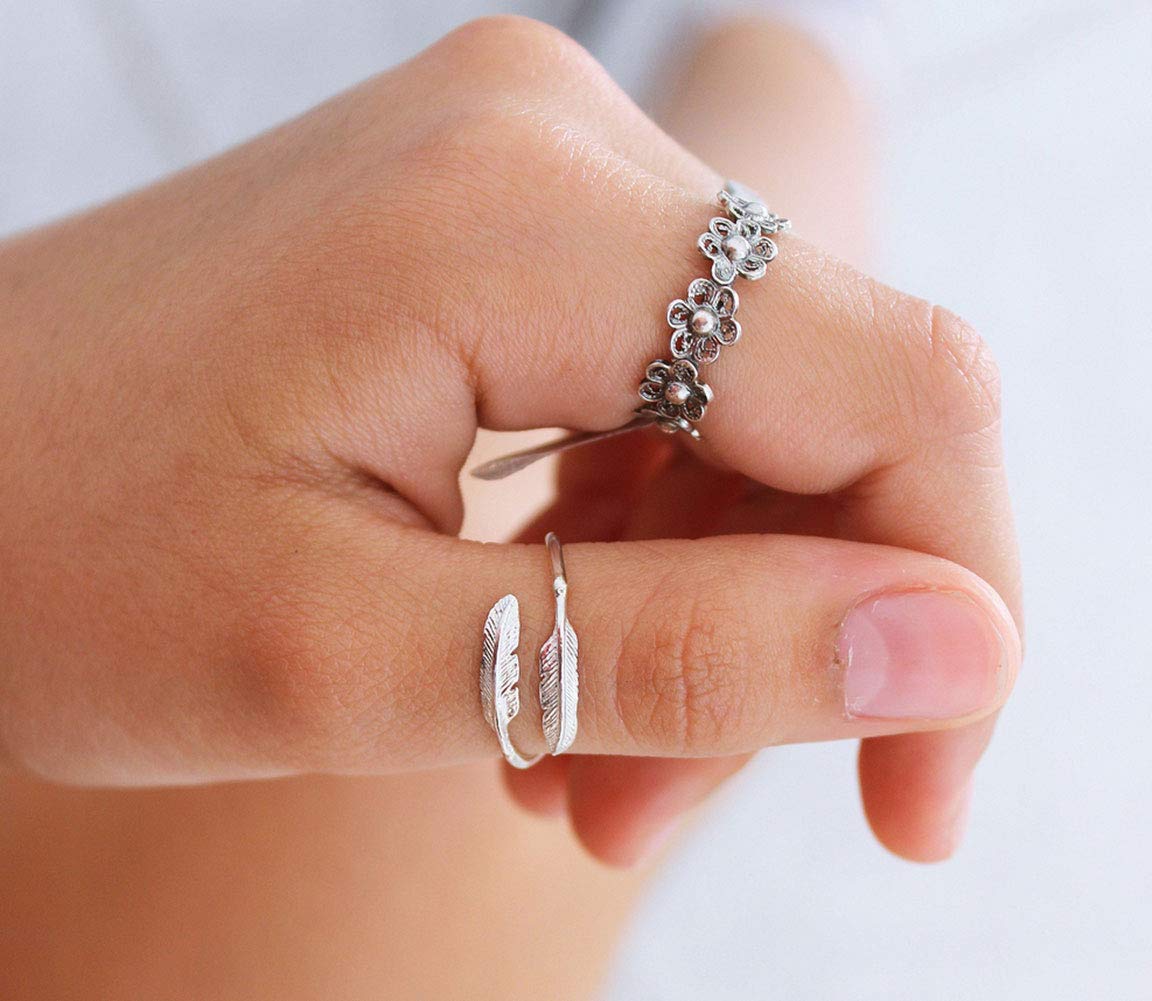 PRAYMOS 925 Sterling Silver Adjustable Feather Ring for Women - Elegant Open Band Jewelry with Gift Box | Perfect for Casual Wear, Parties, and Special Occasions
