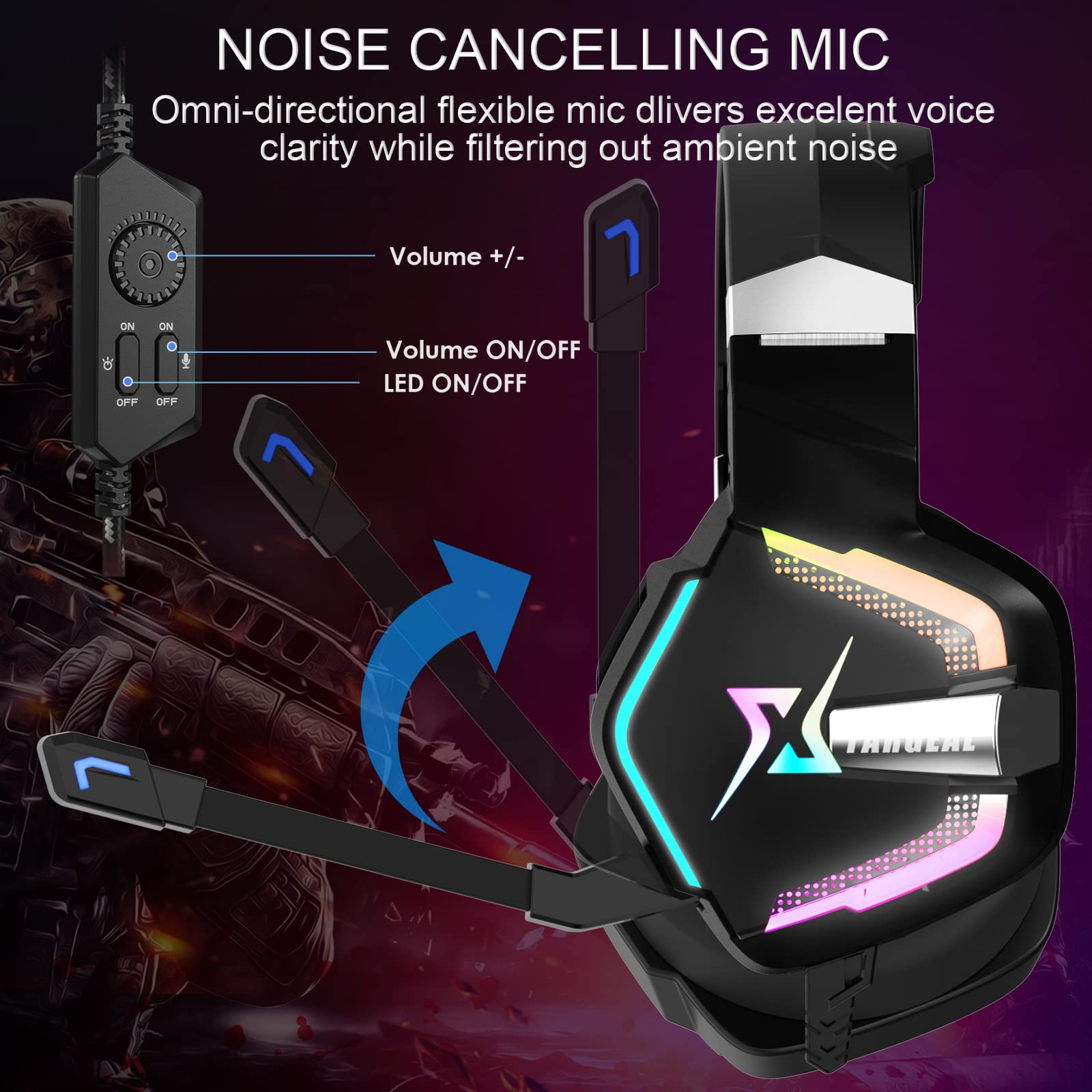 Targeal 7.1 Surround Sound Gaming Headset - Wired USB Over-Ear Headphones with Noise Canceling Mic for PC, PS5, PS4, Switch, Laptop, Mac, Tablet & Mobile | RGB LED Lighting & Type-C Cable Included | Perfect for Gaming, Streaming & Online Meetings