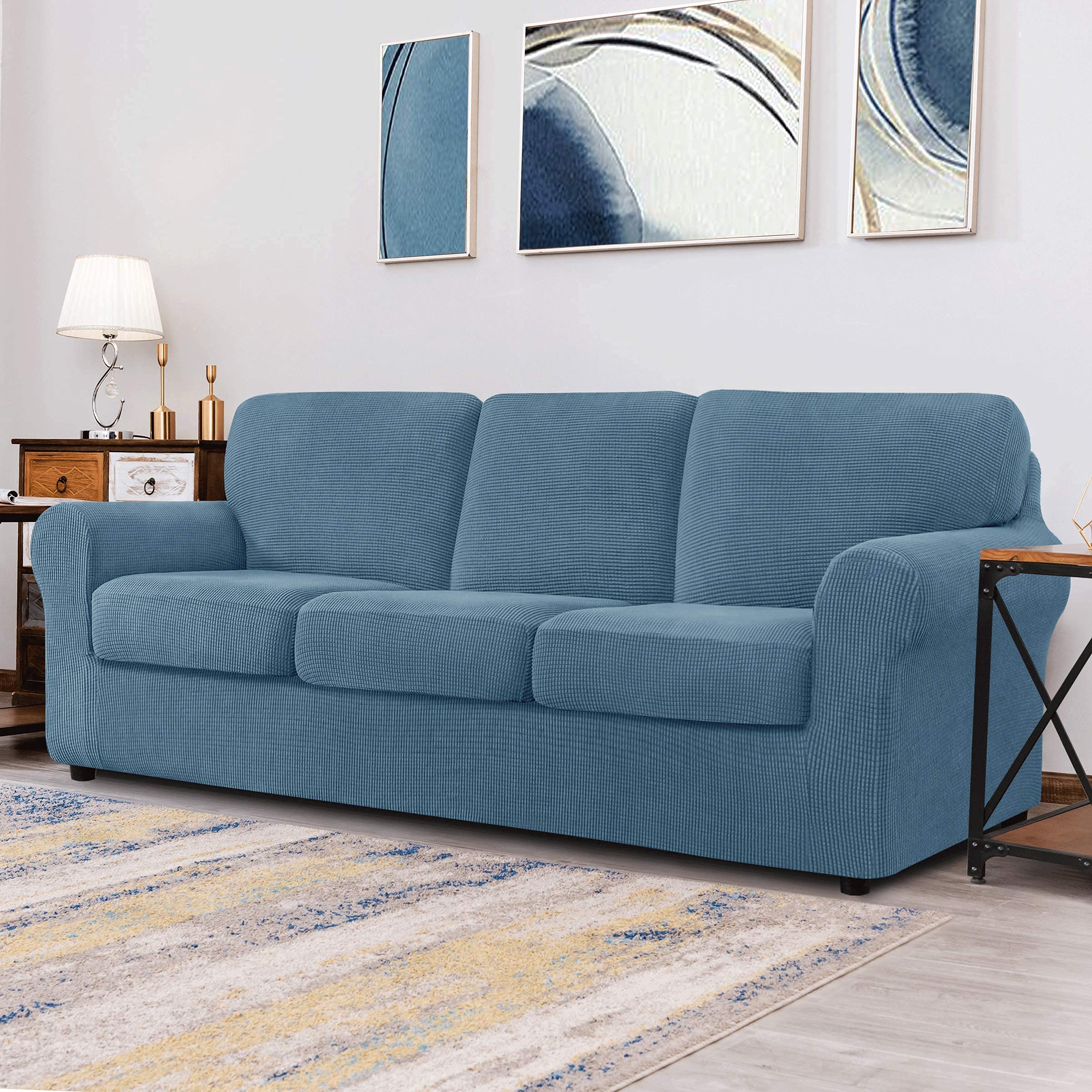 CHUN YI Loveseat Sofa Cover Set - Stretchable Jacquard Fabric Slipcover with Detachable Backrest & Cushions (Smoky Blue Checkered Pattern) - Perfect for Living Room, Bedroom, and Home Decor Protection
