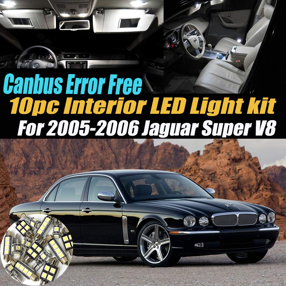 10Pc Canbus Error Free Super White 6000K LED Interior Light Kit for 2005-2006 Jaguar Super V8 – Advanced Computer System Compatible – Perfect for Night Driving & Car Customization