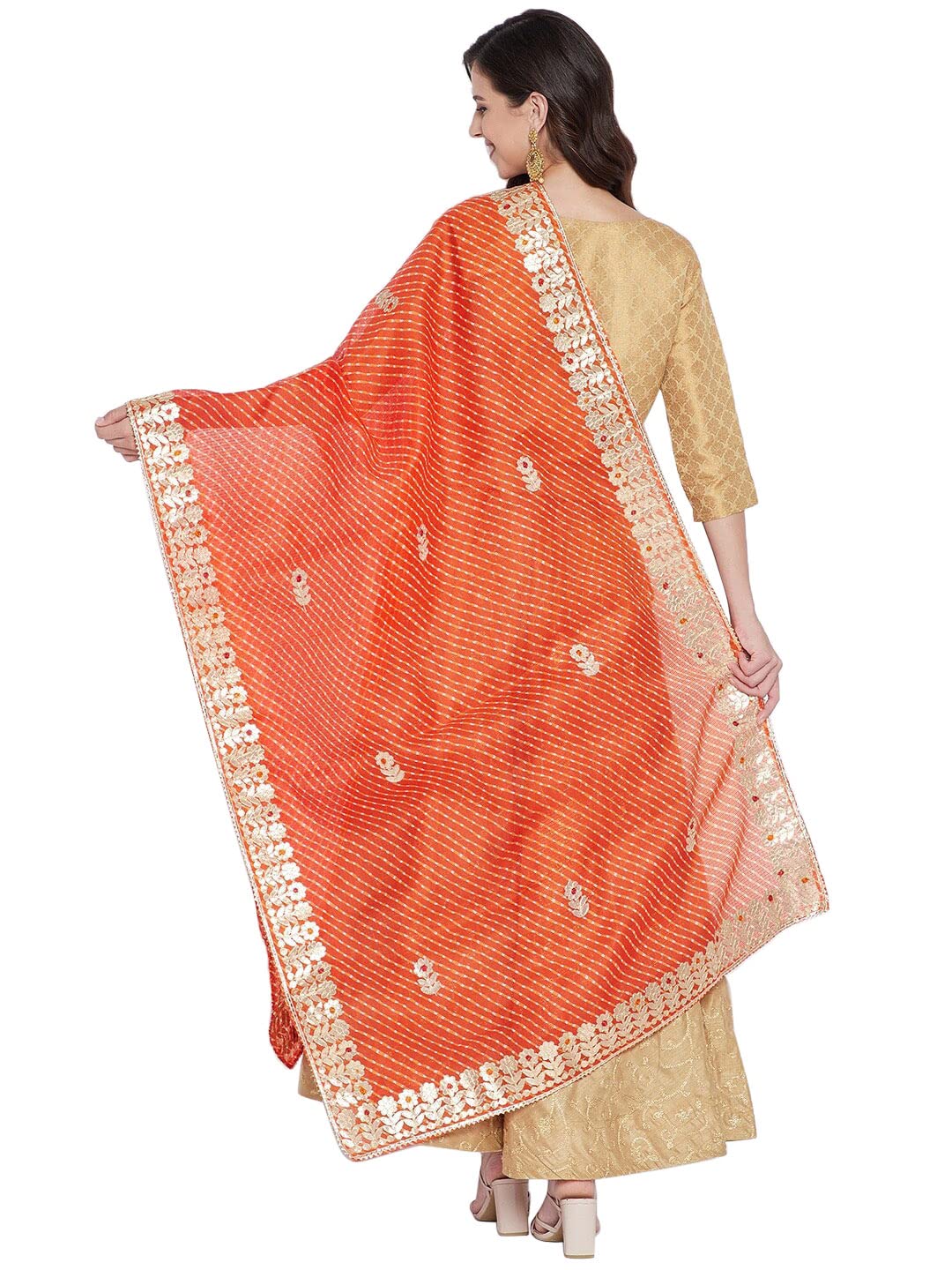 Floral Orange Indian Ethnic Chunni Dupatta - Women's Cotton Blend Scarf Shawl Wrap for Weddings, Parties & Festive Occasions