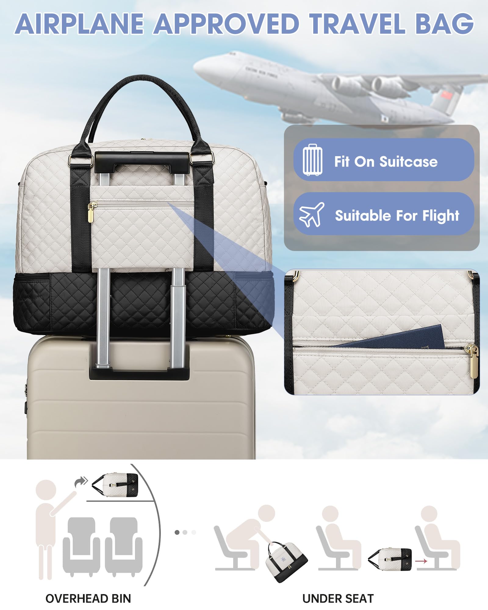 Women's Travel Weekender Bag with Shoe Compartment - Duffle Carry On Overnight Bag in Black & White | Perfect for Gym, Weekend Getaways & Business Trips