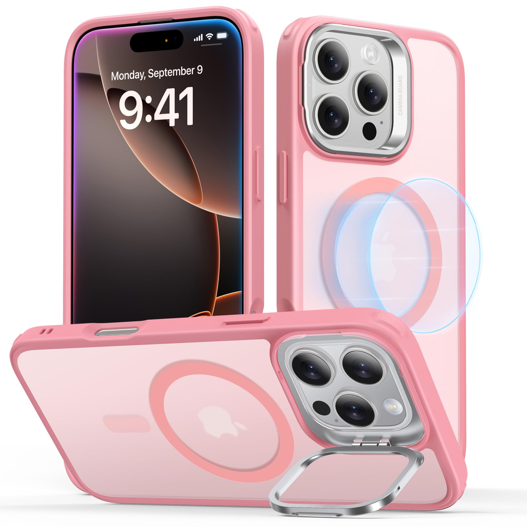 ESR iPhone 16 Pro Max Case with MagSafe Compatibility | Military-Grade Protection & Built-in Stash Stand | Scratch-Resistant Frosted Pink Back Cover | Perfect for Work, Travel & Everyday Use