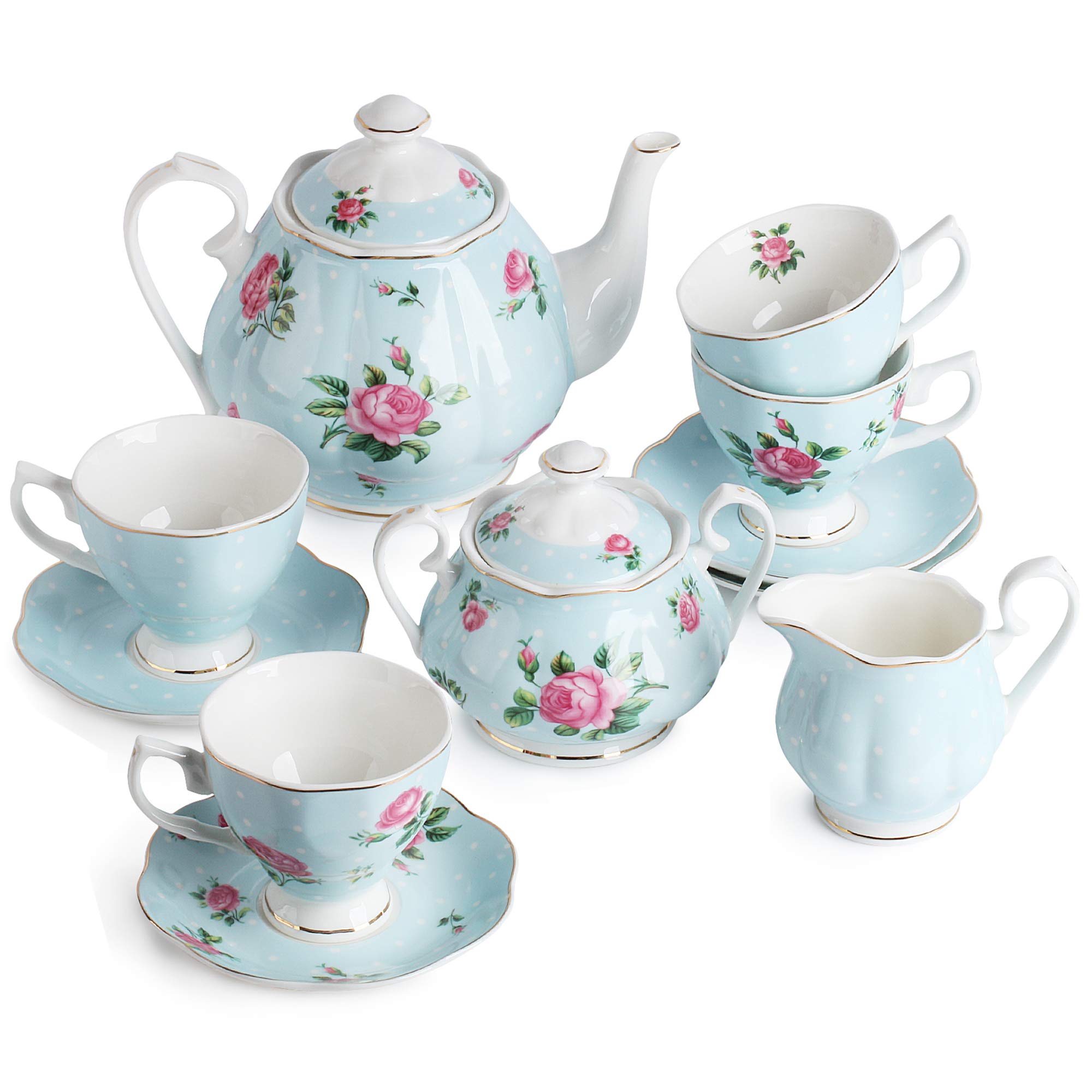 BTaT Floral Tea Set - 8oz Tea Cups, 38oz Teapot, Creamer & Sugar Bowl - Elegant Porcelain Tea Set for Adults (4-Piece) - Perfect for Afternoon Tea, Bridal Showers & Home Decor
