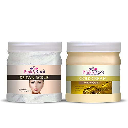 Pink Root Gold Cream 500g with De-Tan Scrub 500g - Brightening Face Cream & Exfoliating Scrub for Glowing Skin | Perfect for Daily Skincare & Tan Removal