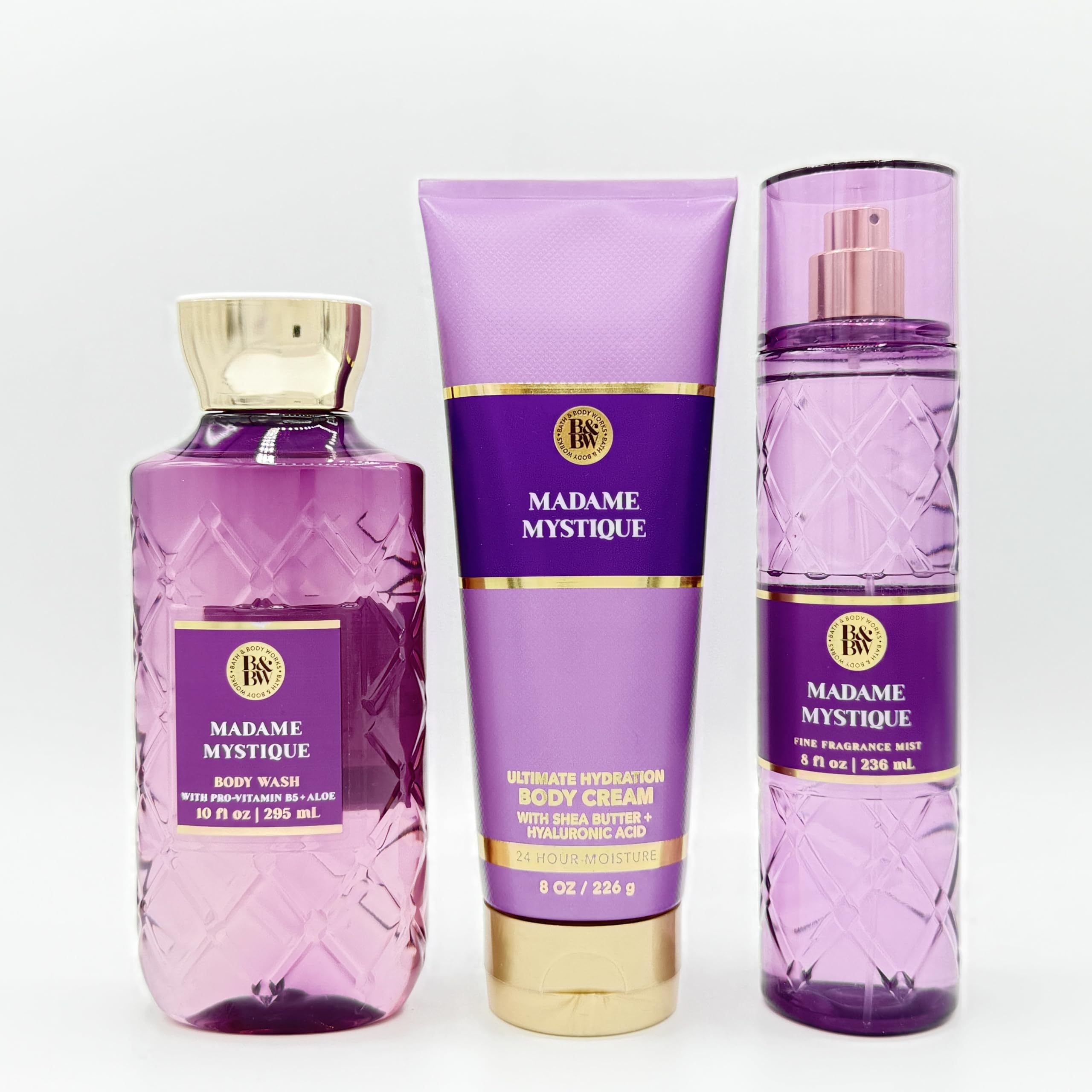 Madame Mystique 3-Piece Luxury Bath & Body Set - Hydrating Body Wash, Ultra Moisturizing Cream & Perfume Mist | Spa Day Essentials, Gift for Her, Self-Care Routine