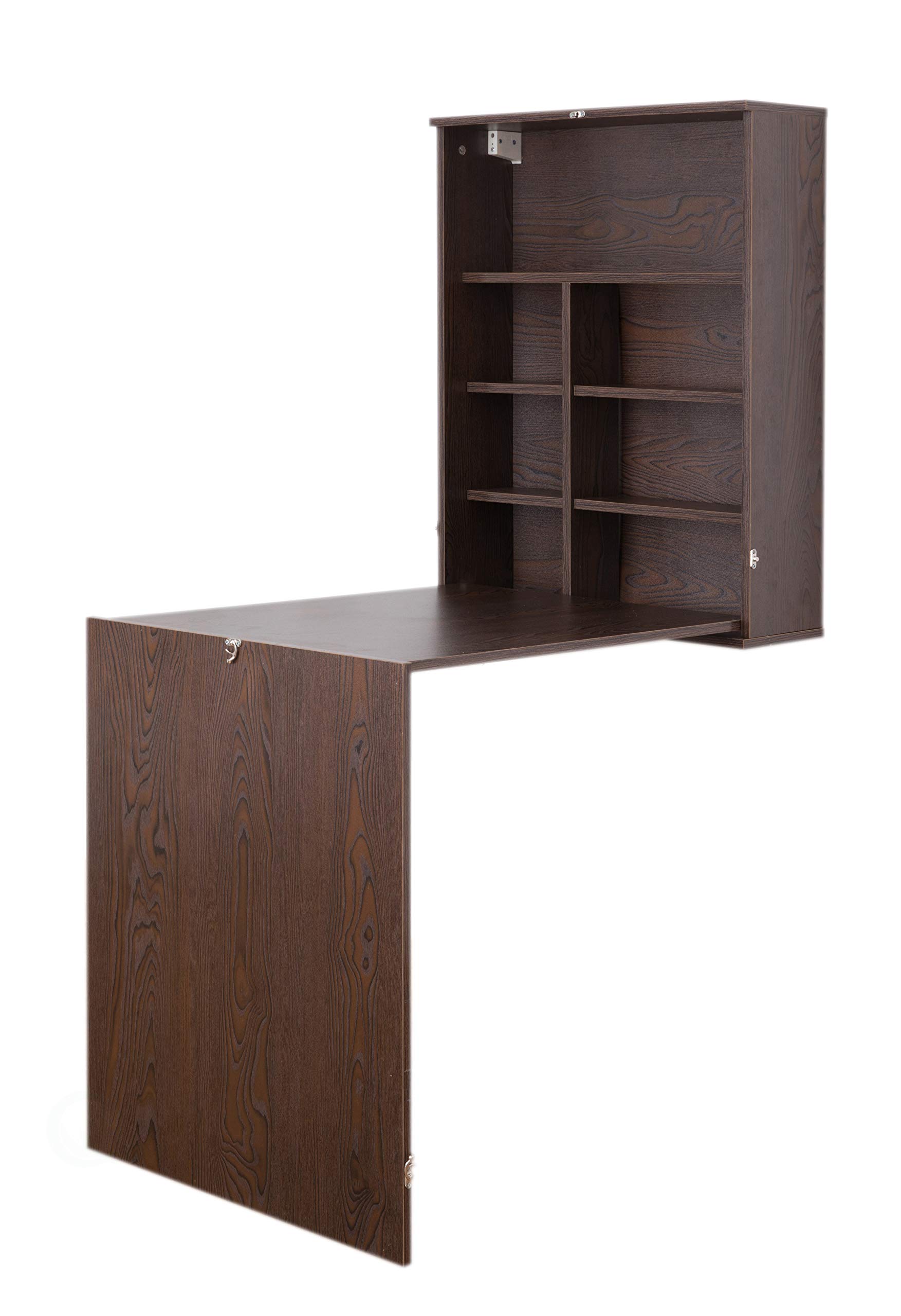Basicwise Wall Mount Fold-Out Laptop Desk with Storage Shelves - Space Saving Home Office Furniture for Small Spaces, Brown - Perfect for Bedroom, Dorm, RV & Compact Living Areas