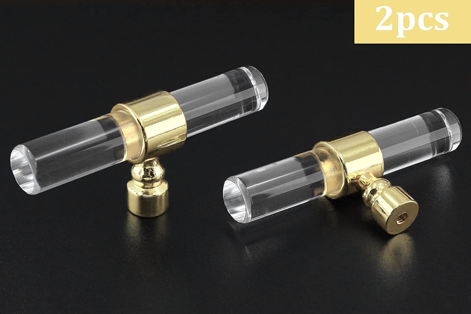 6 Pack Brushed Gold Acrylic Cabinet Knobs - Clear Single Hole T Bar Drawer Pulls for Dresser & Kitchen Cabinets (3.15
