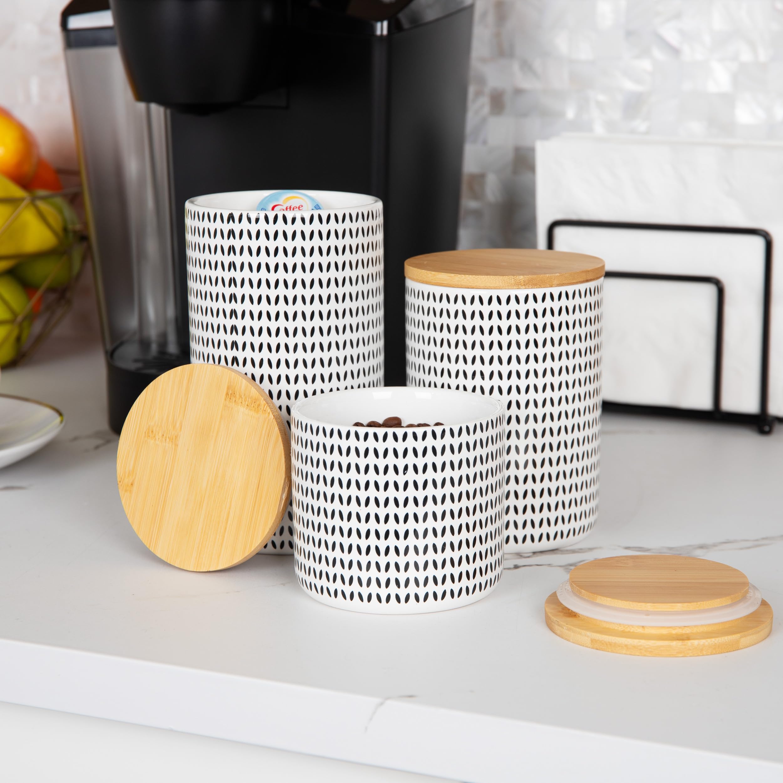 Mind Reader 3-Piece Ceramic Canister Set for Sugar, Coffee & Kitchen Storage with Lids (4