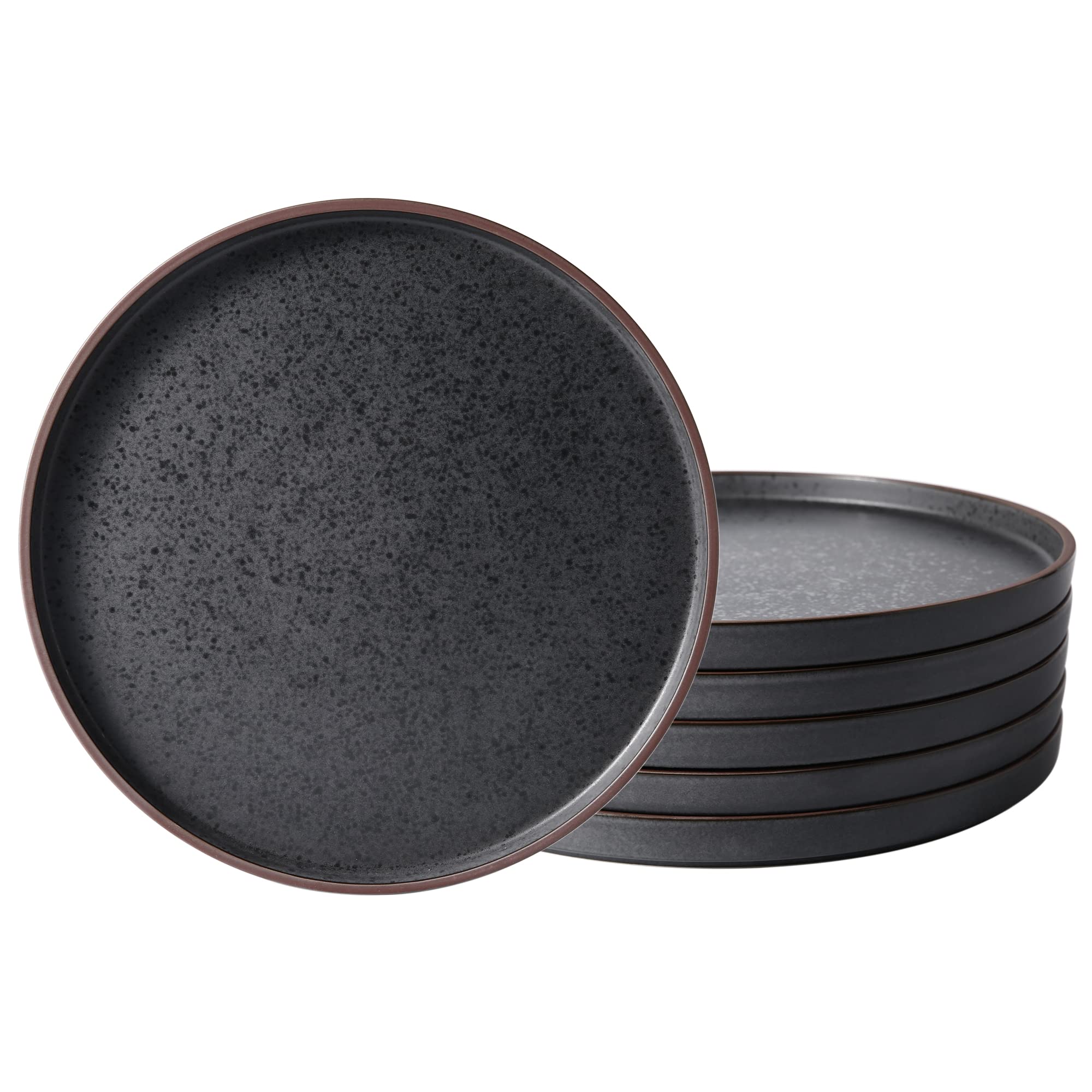 LERATIO 8-Inch Ceramic Salad Plates Set of 6 - Modern Matte Black Dinnerware with Coffee Rim - Microwave, Dishwasher & Oven Safe - Perfect for Kitchen, Dining Room, Restaurants & Party Serving