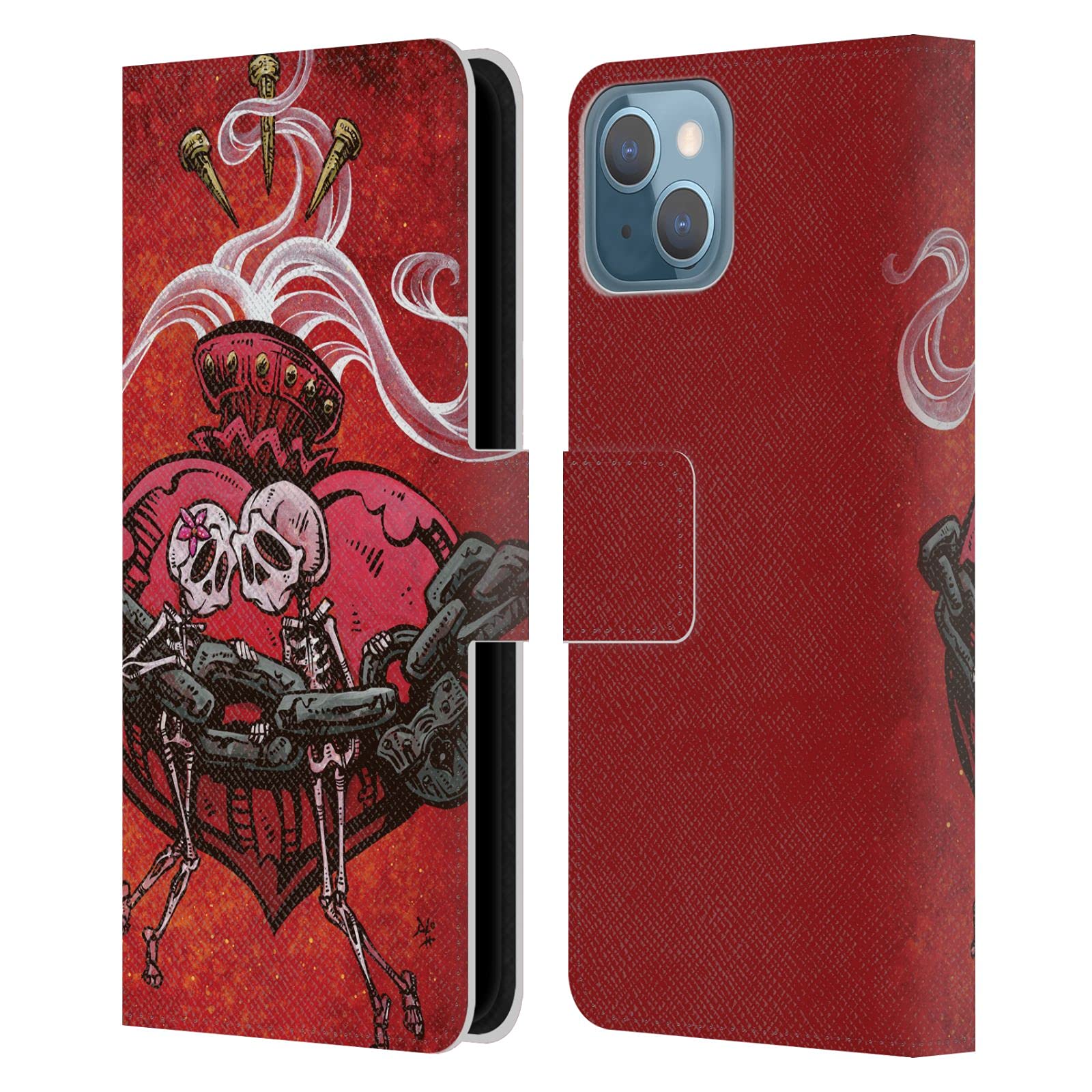 David Lozeau Skull with Heart Colorful Grunge Leather Book Wallet Case Cover for Apple iPhone 13 - Stylish Protection for Everyday Use and Travel