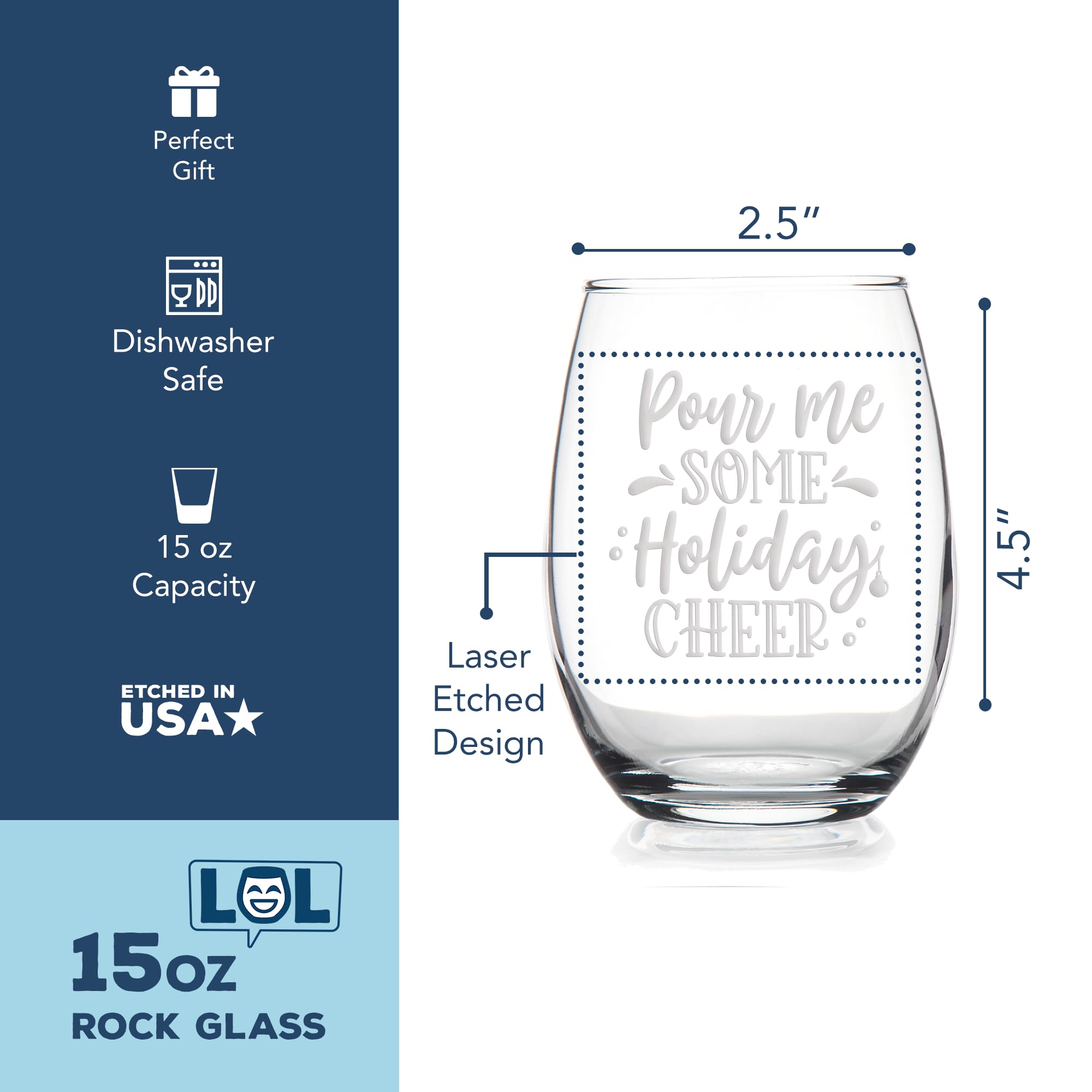 Pour Me Some Holiday Cheer Stemless Wine Glass - Christmas Wine Glass Set, Festive Holiday Wine Gift for Women & Men, Perfect for Christmas Parties, Family Gatherings & Cozy Winter Nights by the Fireplace