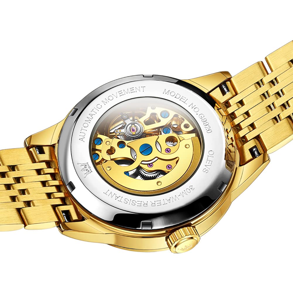 OLEVS Automatic Skeleton Watches for Men - Luxury Mechanical Gold Wristwatch with Diamond Accents, Stainless Steel Case, Waterproof & Luminous - Perfect for Business, Formal Events & Everyday Wear