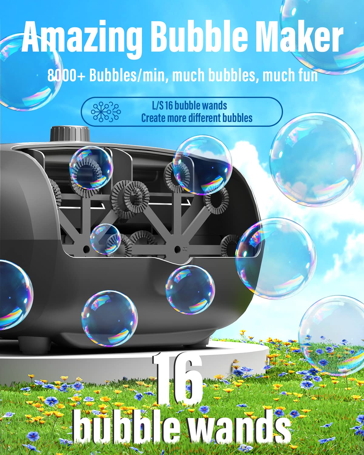 16 Wands Automatic Bubble Machine for Kids - 8000+ Bubbles per Minute, 14.2oz Large Capacity Bubble Blower - Perfect Bubble Maker Toy for Birthday Parties, Weddings, Outdoor Play & Backyard Fun