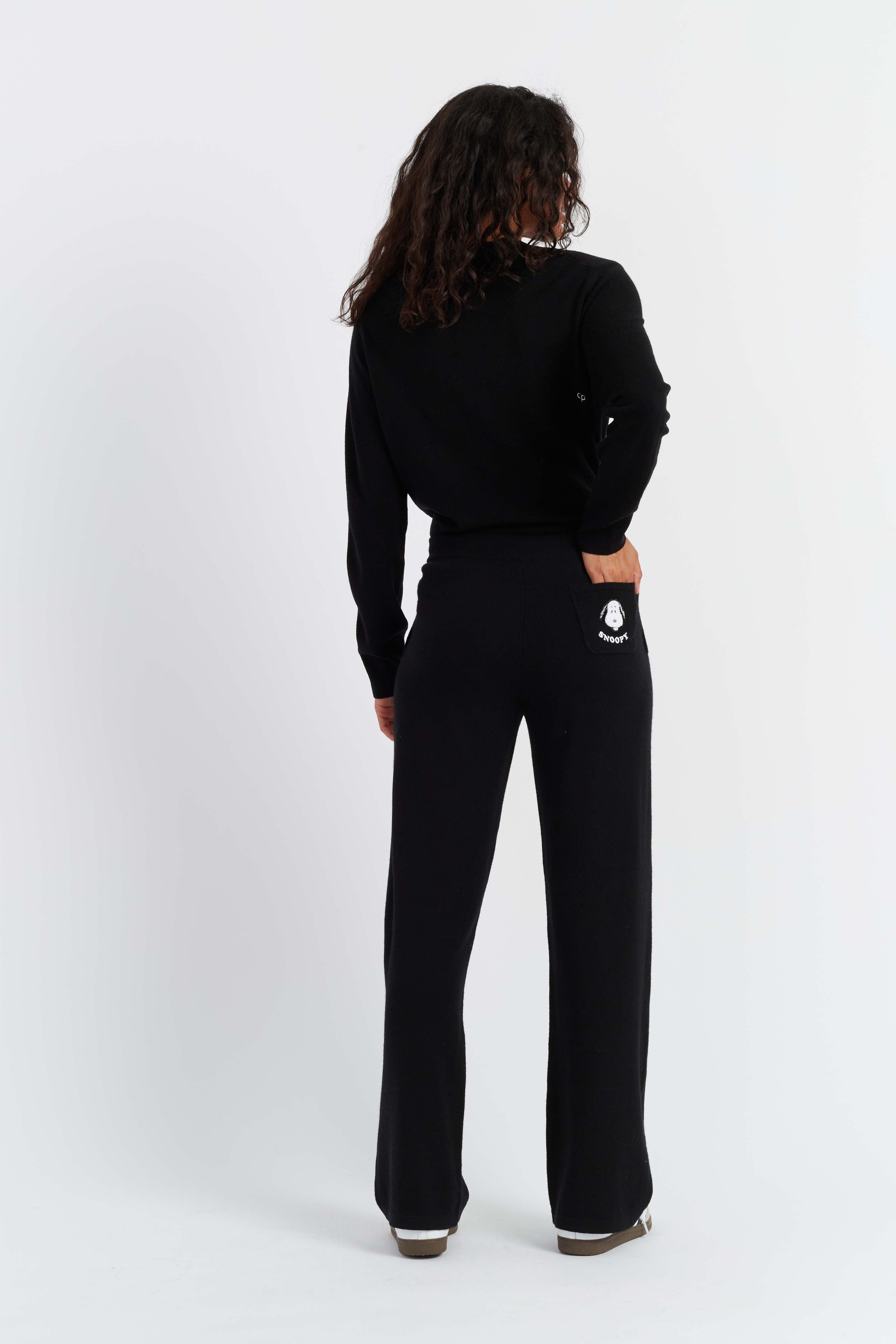 Black Wool Cashmere Snoopy Wide Leg Jogger Pants for Women - Cozy Winter Lounge Pants for Home, Travel & Casual Outings