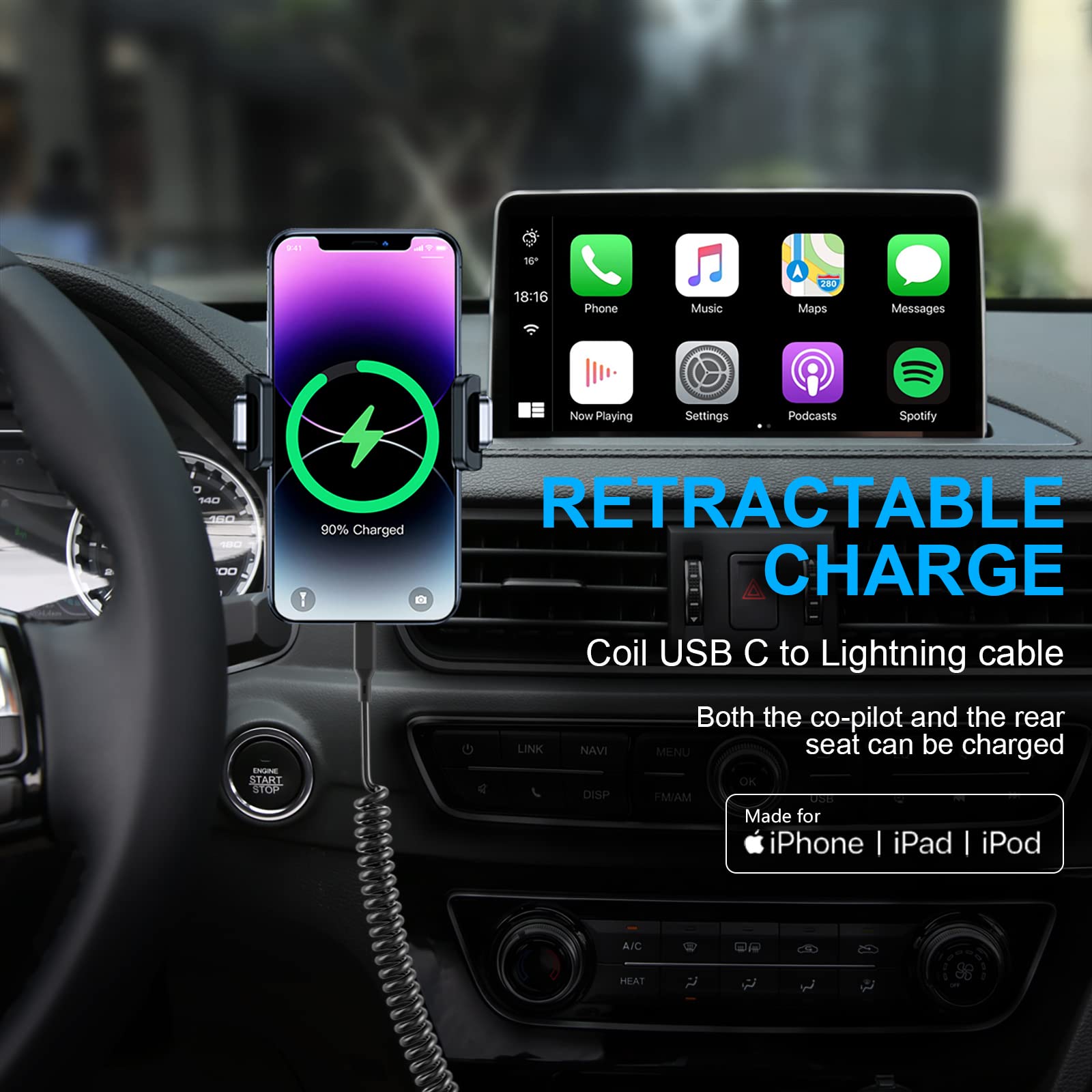 KETAKY Plus Coiled USB-C to Lightning Cable - MFi Certified Retractable Charger for iPhone & iPad | Fast Charging & Data Sync | Apple CarPlay Compatible | Perfect for Car, Home & Office Use