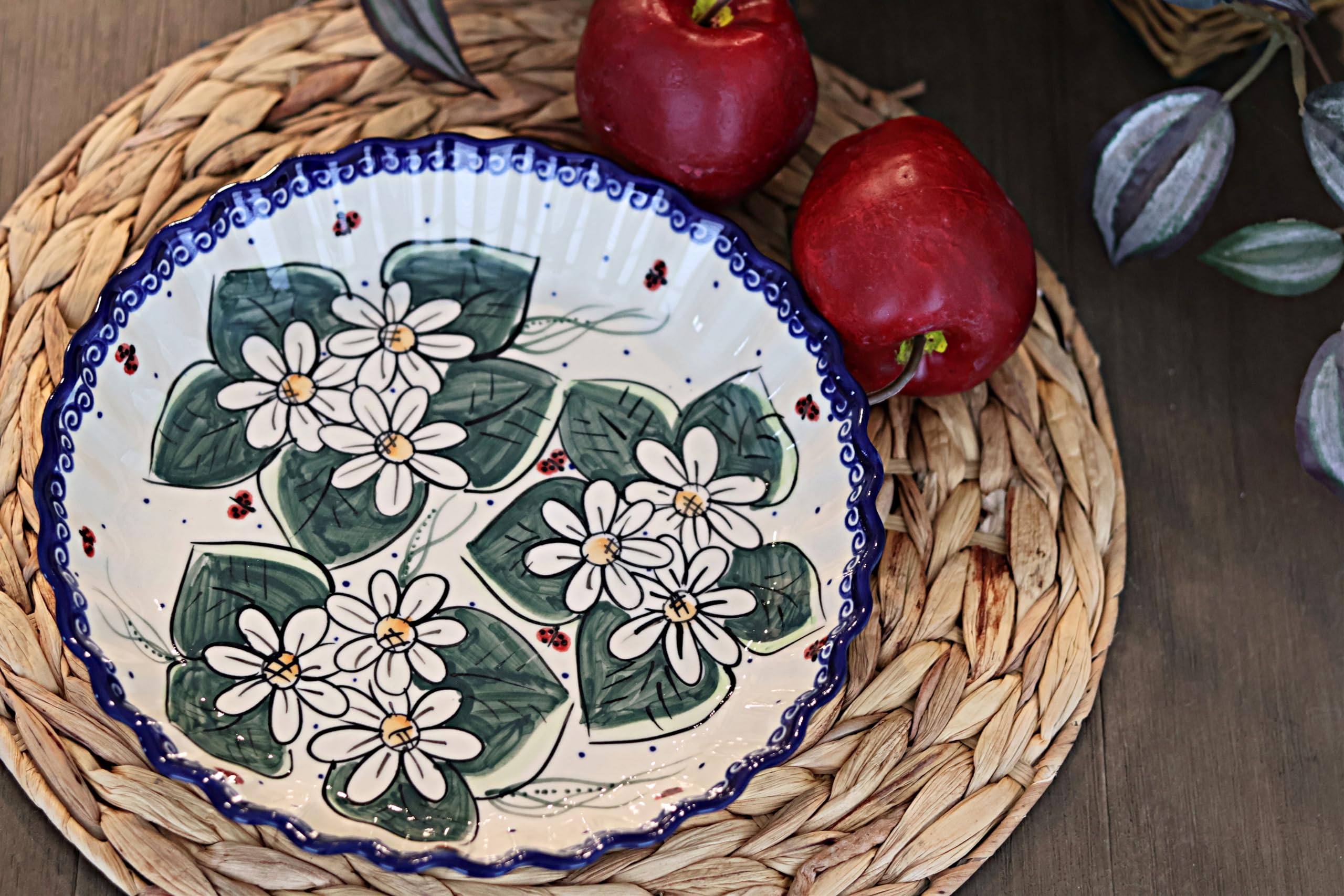 Handmade Blue Rose Polish Pottery Ladybug Pie Plate - Ceramic Baking Dish for Desserts, Pies & Cakes - Perfect for Holidays, Parties & Rustic Kitchen Decor