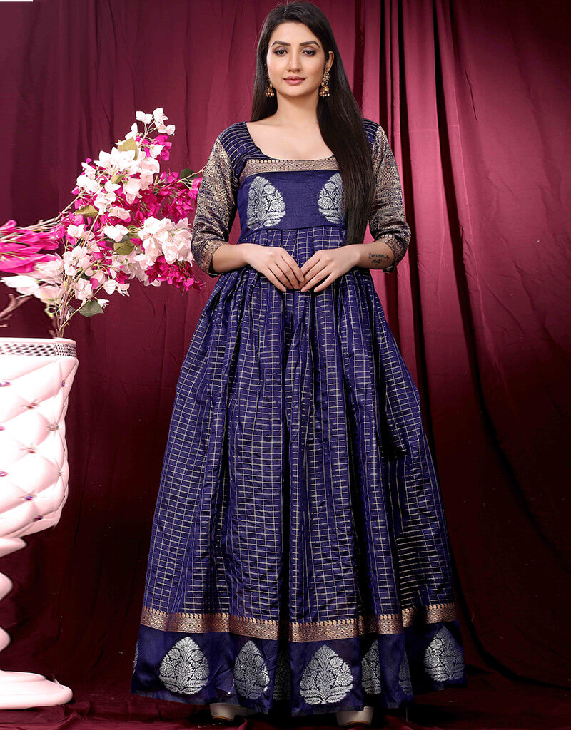 Elegant Blue Designer Party Wear Pure Silk Gown for Women - Perfect for Evening Events, Weddings & Special Occasions