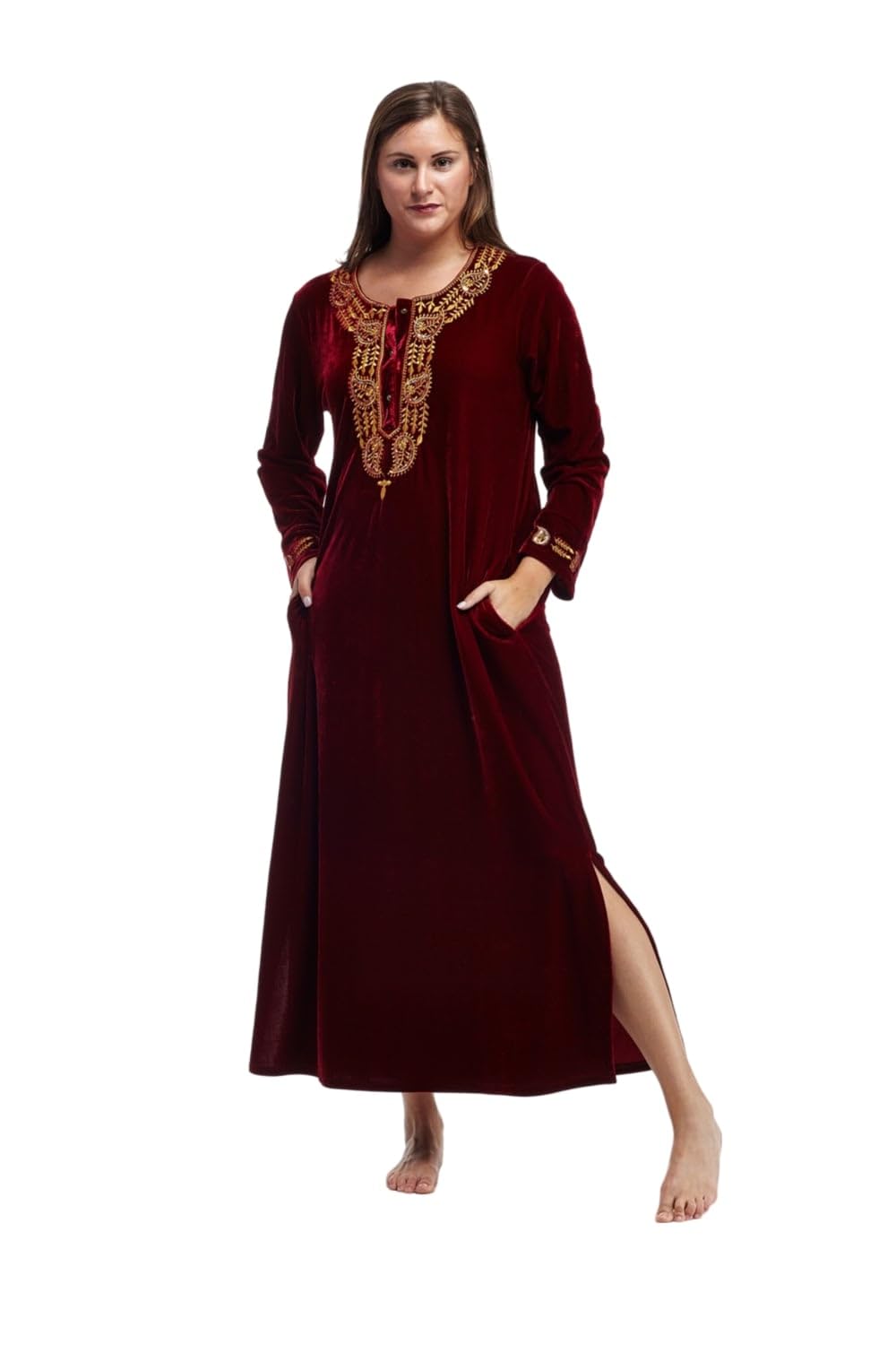 LA CERA Women's Velvet Embroidered Dress - Elegant Scoop Neck Long Sleeve Party Gown with Side Pockets | Hand Wash Only | Perfect for Holiday Parties, Weddings & Special Occasions