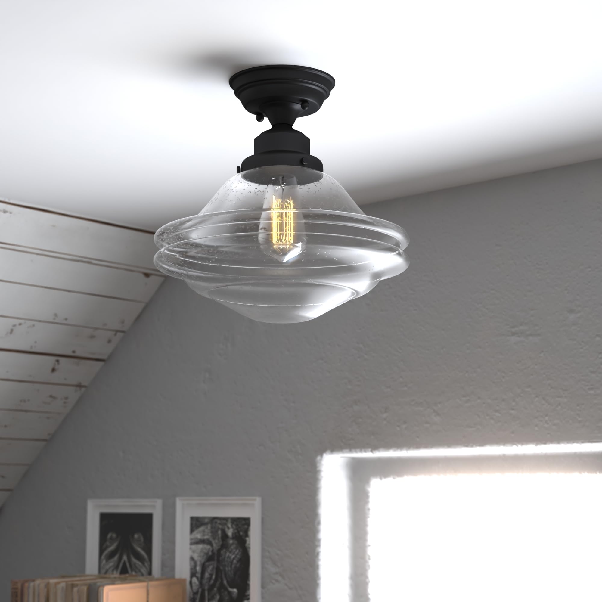 VAXCEL Huntley 12-inch Wide Bronze Farmhouse Schoolhouse Semi-Flush Mount Ceiling Light Fixture with Clear Glass Shade - Perfect for Kitchen, Dining Room, Bedroom, and Entryway Lighting