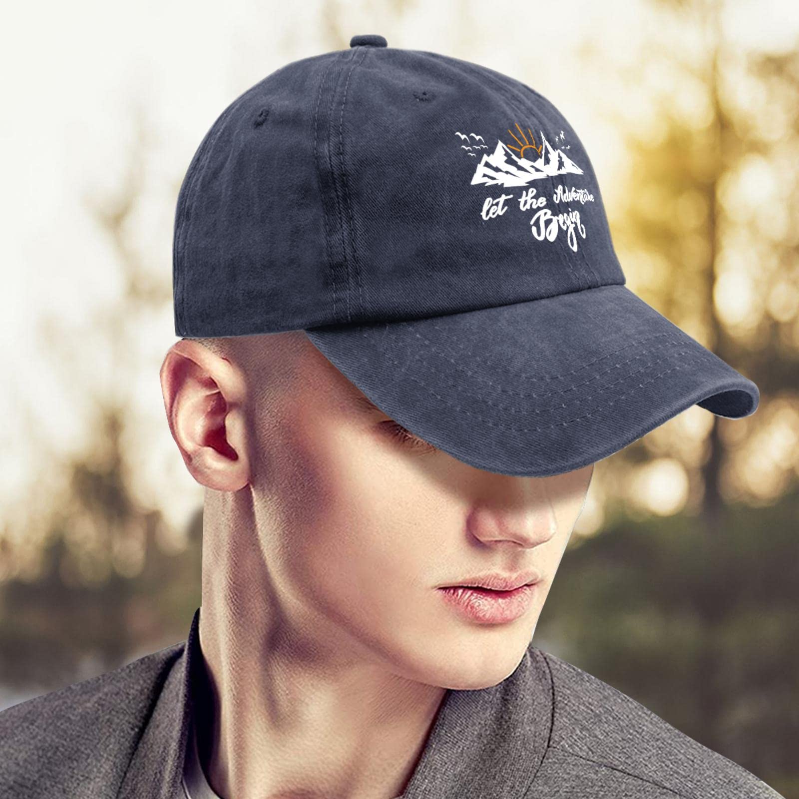 Funny Hiking Baseball Cap for Men - Let The Adventure Begin - Navy Blue Outdoor Hat for Camping, Travel & Adventure Sports