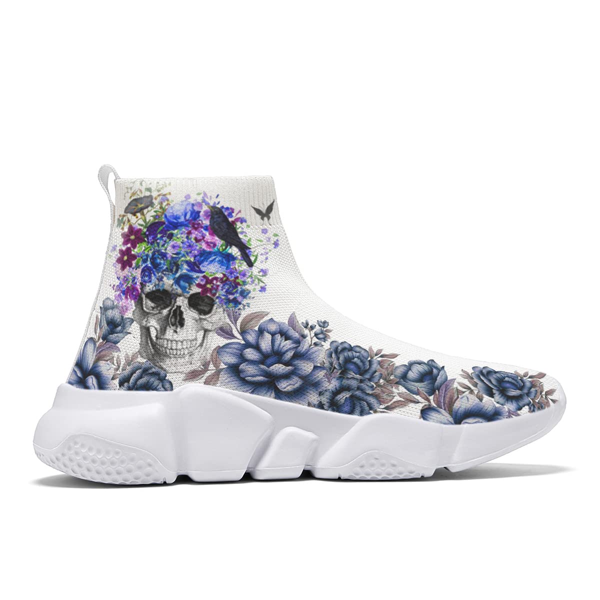 Hetios Women's Fashion Skull Print Slip-On Sneakers - Breathable Knit Running Shoes for Jogging, Walking & Casual Wear - White Athletic Shoes for Women - Perfect for Gym, Workout & Everyday Outfits