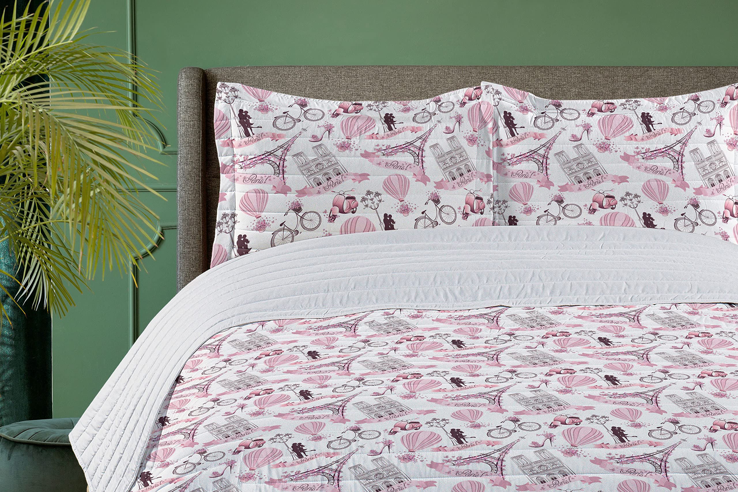 Ambesonne Eiffel Tower Microfiber Bedspread Set - Parisian Love Theme French Bridal Bedding with Pink Blossoms, Queen Size Rose Black White Comforter & Pillow Shams | Romantic Bedroom Decor for Couples, Paris-Themed Guest Room, Wedding Gift Idea