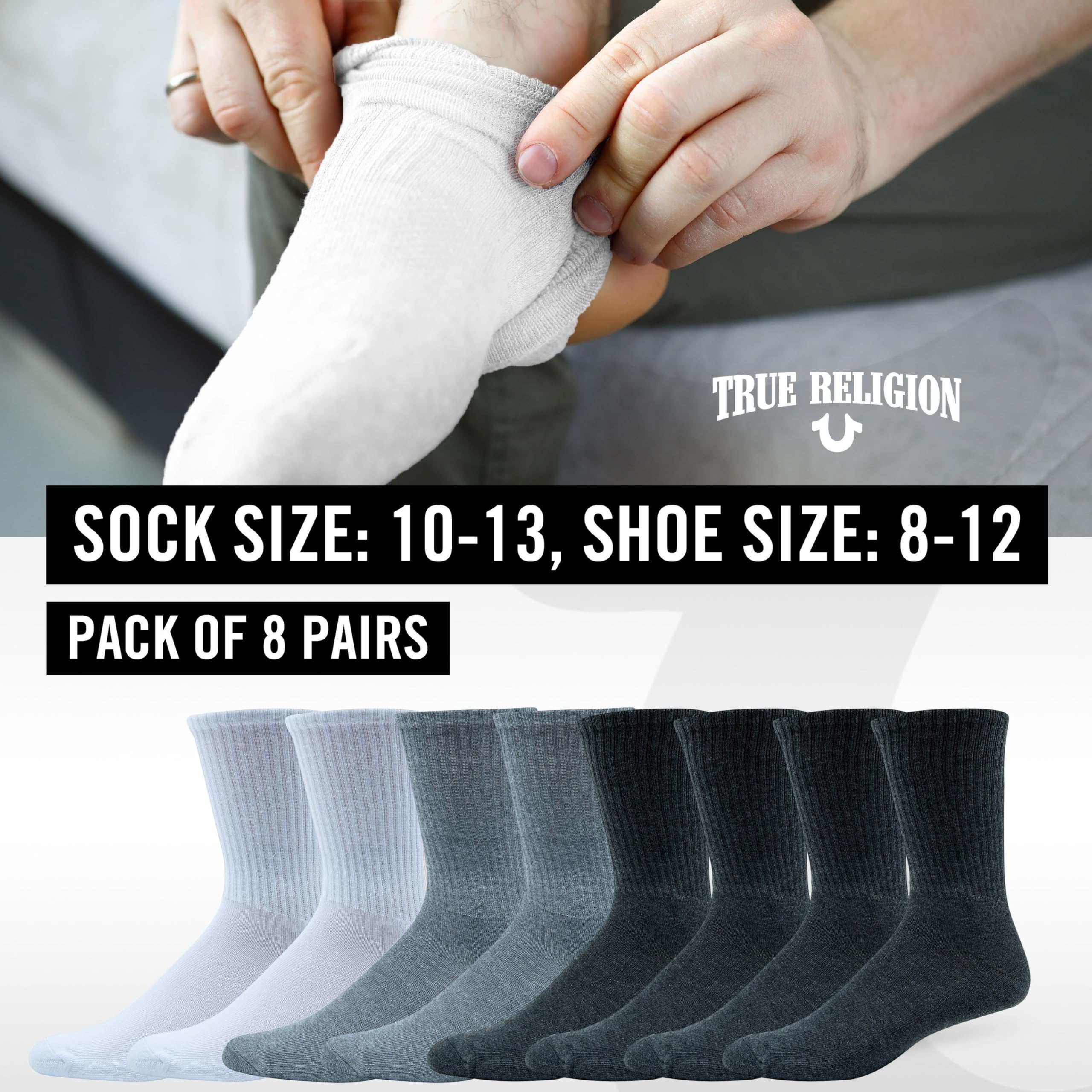 True Religion Men's Crew Socks 8 Pairs - Premium Athletic Socks for Men (Size 8-12) - Comfortable Workout & Casual Wear Socks