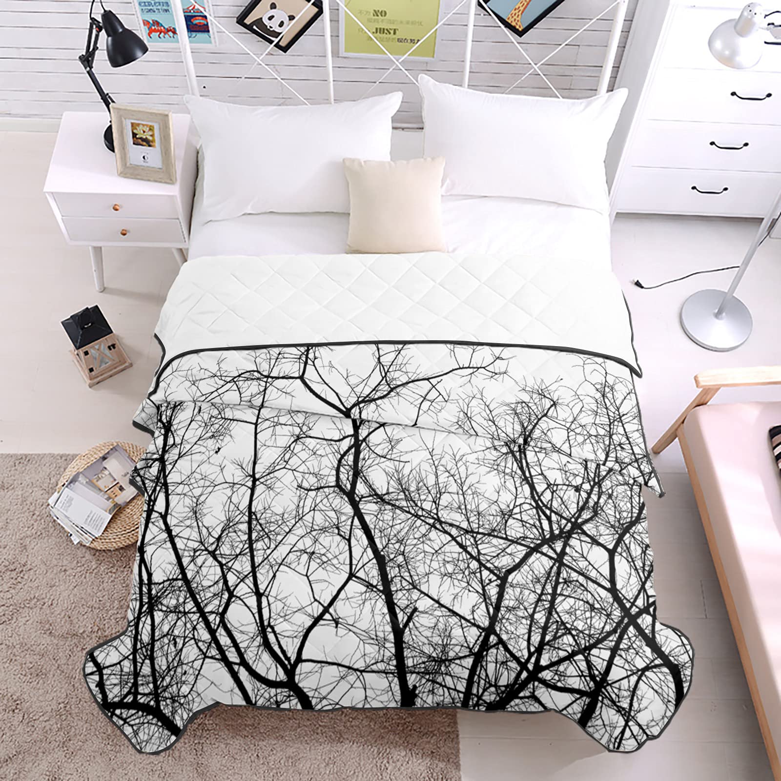California King Size Reversible Quilt Set - Soft All-Season Bedspread Coverlet for Adults & Kids | Winter Tree Branches Black White Design | Lightweight Duvet & Throw Blanket for Bed, Couch, Sofa (Home Decor, Guest Room, Cozy Nights)