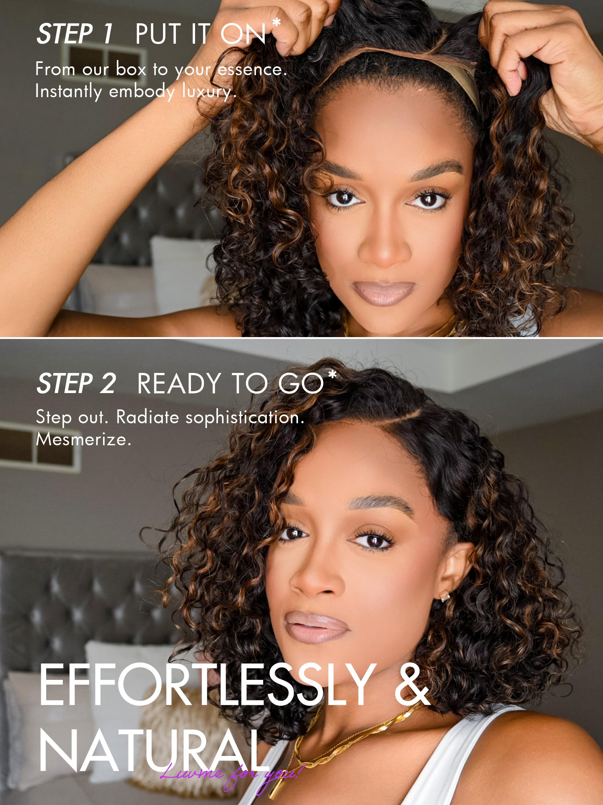 LUVME HAIR 12 Inch Curly Glueless Human Hair Wig - Pre Plucked, Pre Cut Undetectable HD Lace Bob Wig with Blonde Highlights (180 Density) | Natural Black Short Curly Wig for Daily Wear, Cosplay & Special Occasions
