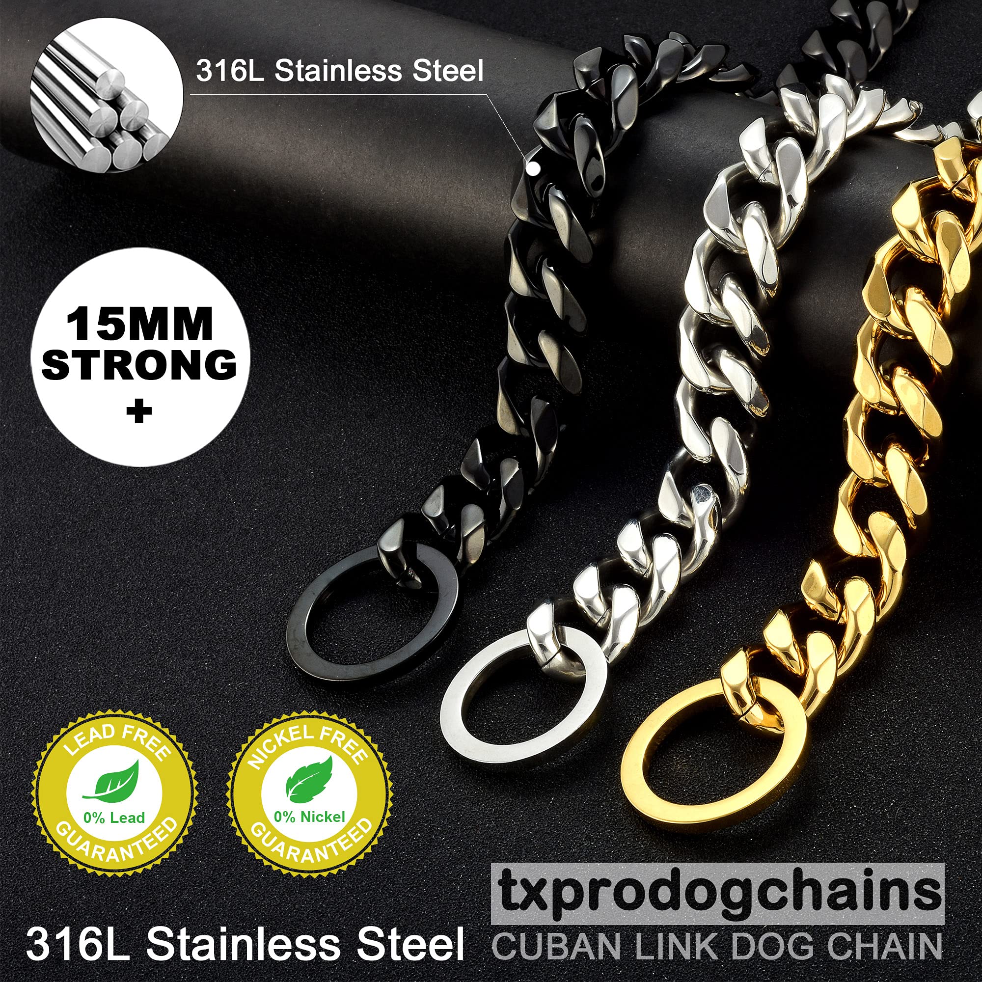 TXPRO Dog Chain Collar - 15mm Thick Chew Proof Heavy Duty Stainless Steel Cuban Link Dog Collar for Small, Medium & Large Dogs - Gold Metal Dog Collar for Training, Walking & Outdoor Activities