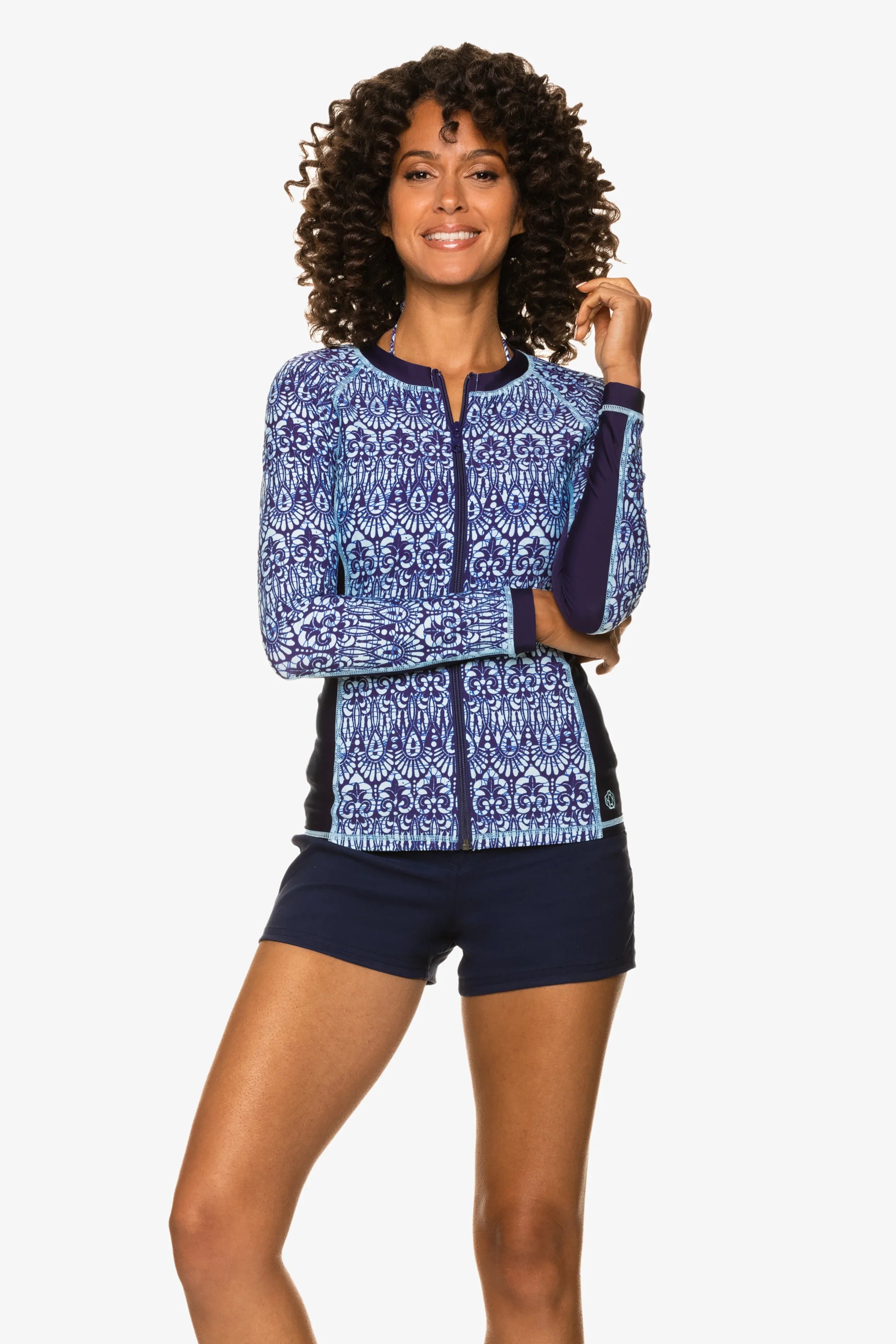 Island UPF 50+ Sun Protection Rash Guard Swim Shirt - Navy Blue Batik Print for Men & Women - Perfect for Beach, Surfing, and Water Sports