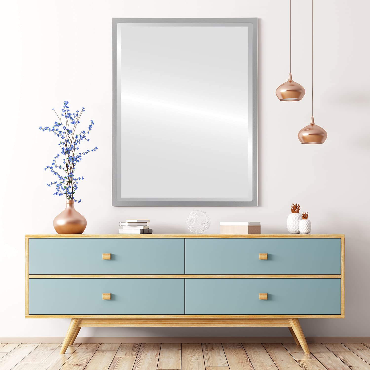 OVALCREST - 13.1x17.1 Inch Rectangle Wooden Beveled Wall Mirror - Silver Spray Finish - London Style Home Decor for Bathroom, Vanity, Bedroom, Living Room & Hallway - Perfect for Makeup, Dressing & Interior Design