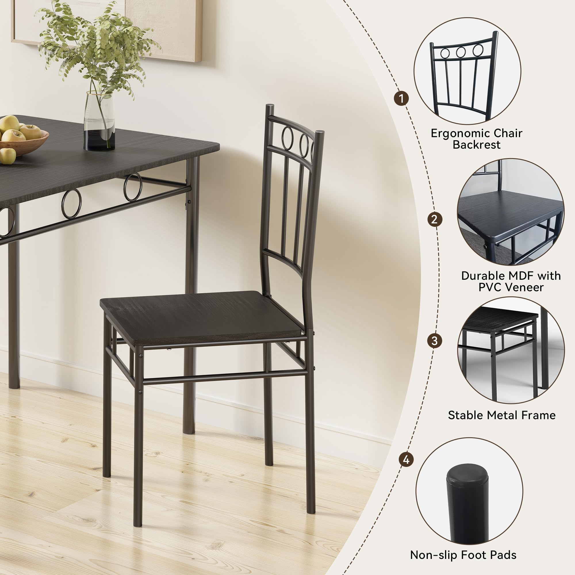 5-Piece Retro Black Dining Table Set for 4 - Rectangular Kitchen Table with 4 Chairs - Space-Saving Apartment Furniture for Small Spaces, Dinettes & Compact Homes - Perfect for Breakfast Nooks, Studio Apartments & Cozy Dining Areas