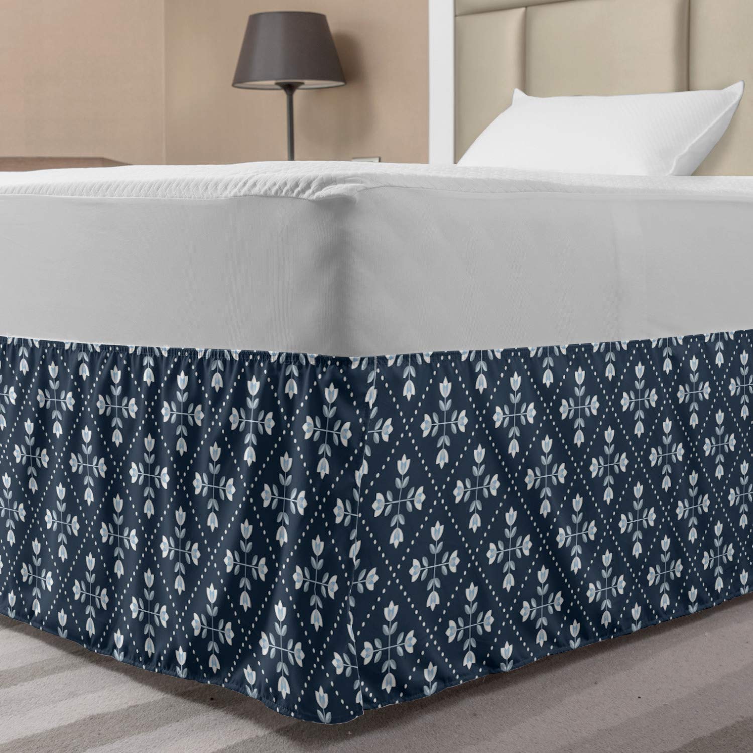 Ambesonne Scandinavian Floral Vintage Bed Skirt - Blooming Tulips & Dotted Rhombus Design, Wrap Around Elastic Gathered Bedroom Decor for Full Size Beds (Blue Grey & Pale Blue) | Perfect for Guest Rooms, Master Bedrooms & Airbnb Listings