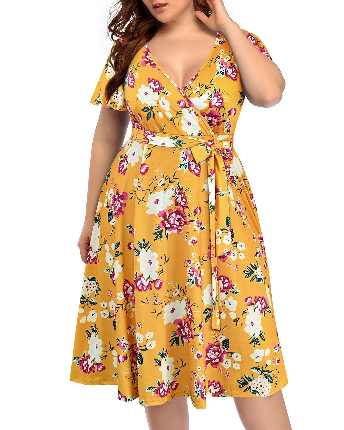 Plus Size Pinup Fashion Women's Cocktail Dress - Semi Formal Wrap Empire Waist Midi Dress for Wedding Guest, Date Night & Special Occasions