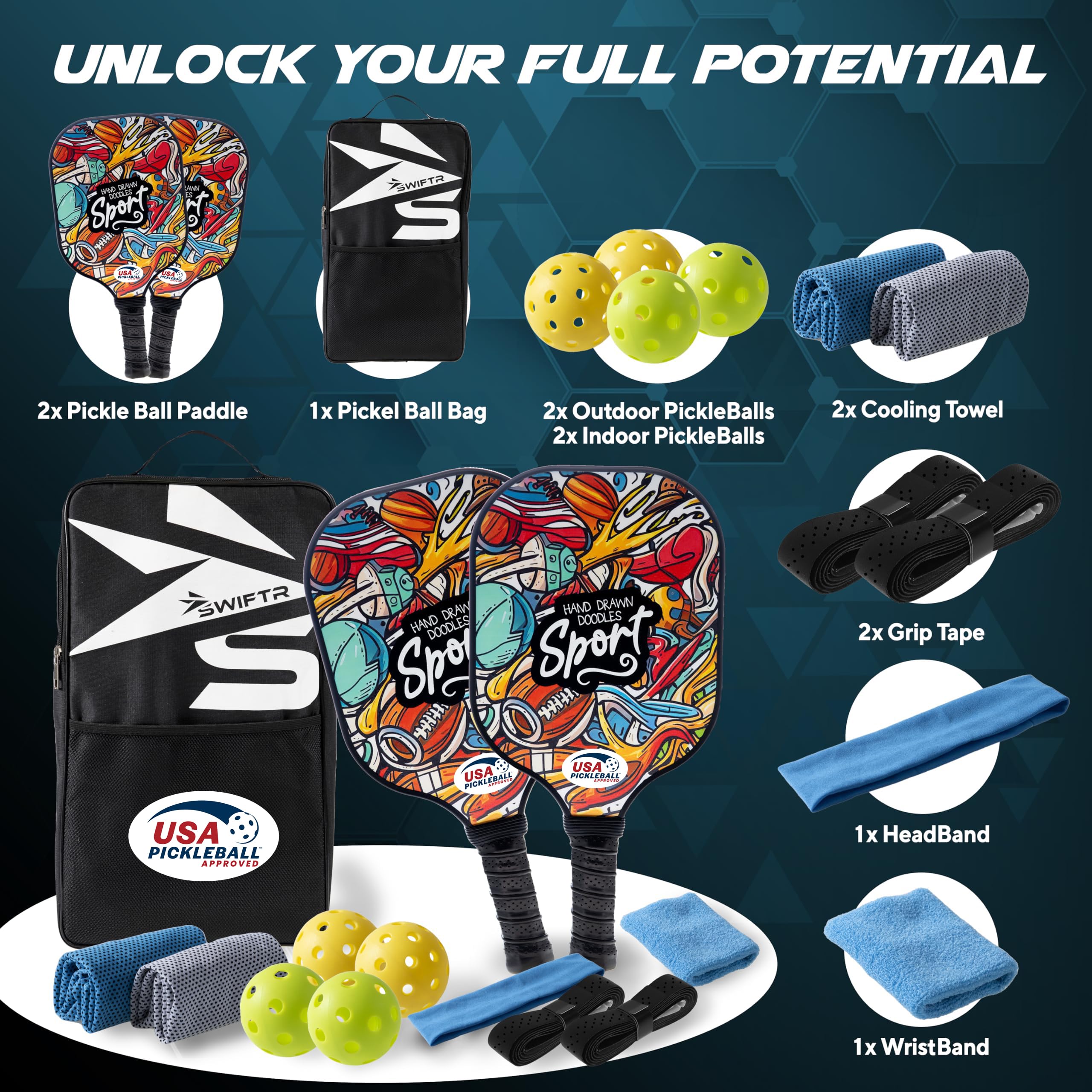 USAPA Approved Pickleball Paddles Set of 2 - Premium Graphite Carbon & Fiberglass Face with Thicker Polypropylene Honeycomb Core - Includes 4 Balls (13-Piece Complete Set) - Perfect for Outdoor & Indoor Court Play, Tournaments and Family Fun