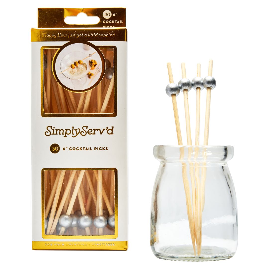 Premium Silver 6 Inch Wooden Party Picks - Set of 30 with Elegant Gift Box | Perfect for Wedding Favors, Birthday Celebrations, and Cocktail Decorations