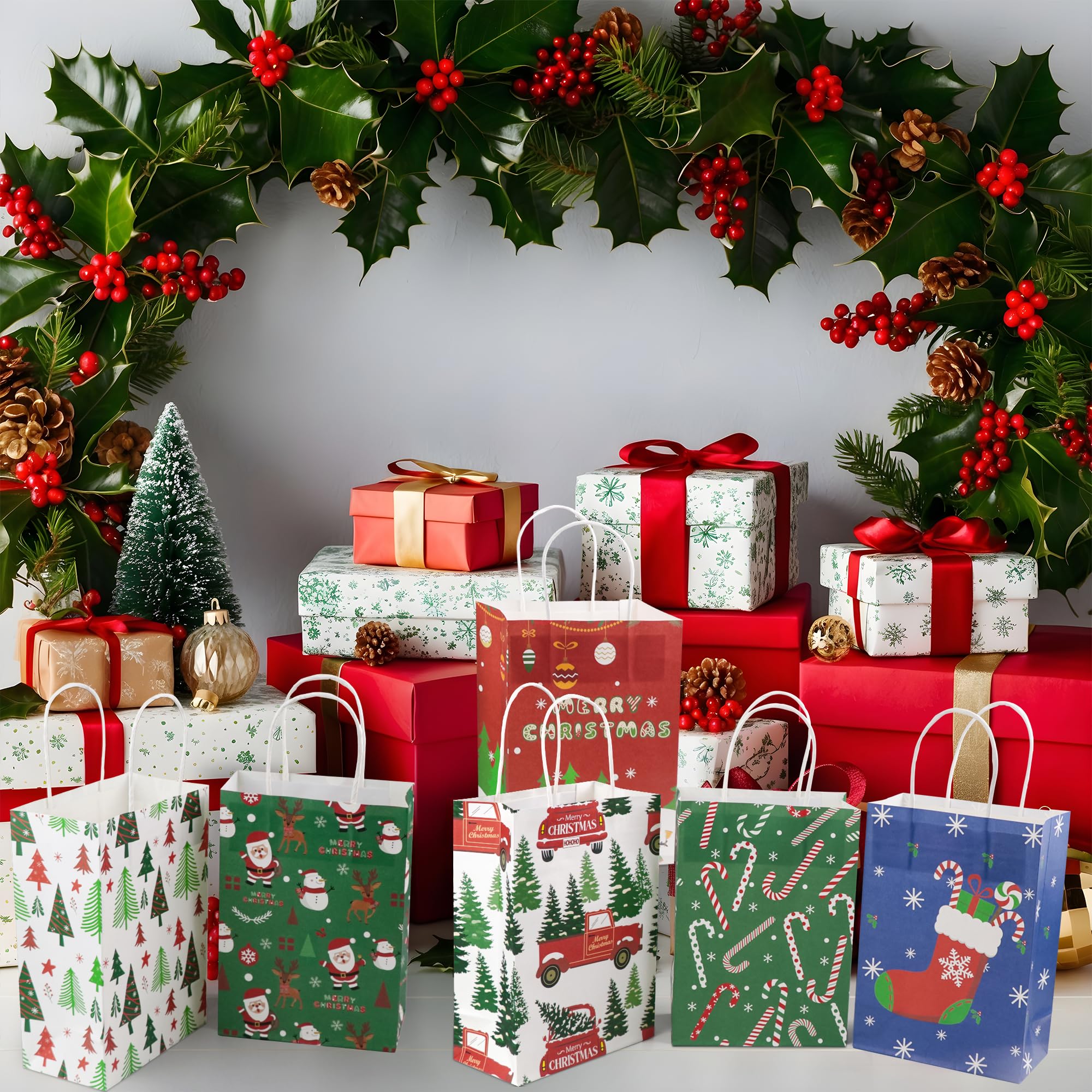 12 Pack Christmas Gift Bags for Presents - Small Holiday Treat Bags for Kids, Men & Women | Perfect for Christmas Party Favors, Stocking Stuffers & Gift Exchanges