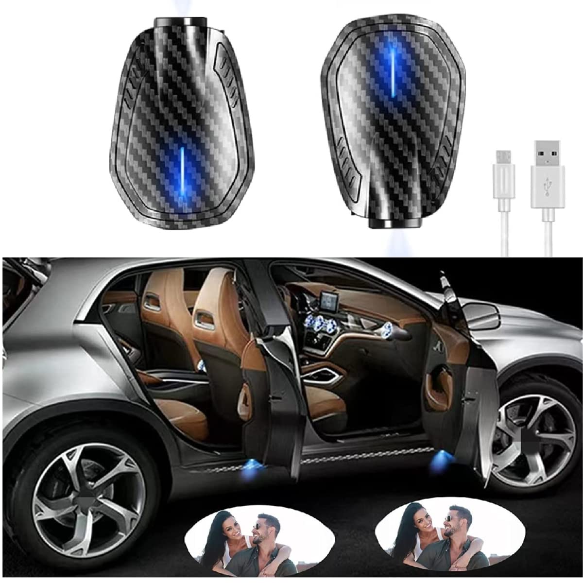 Rechargeable Wireless Carbon Fiber Car Door Projector Lights (2PCS) - Custom Logo Welcome Lights for Nighttime Safety & Style | Perfect for Cars, SUVs, Trucks