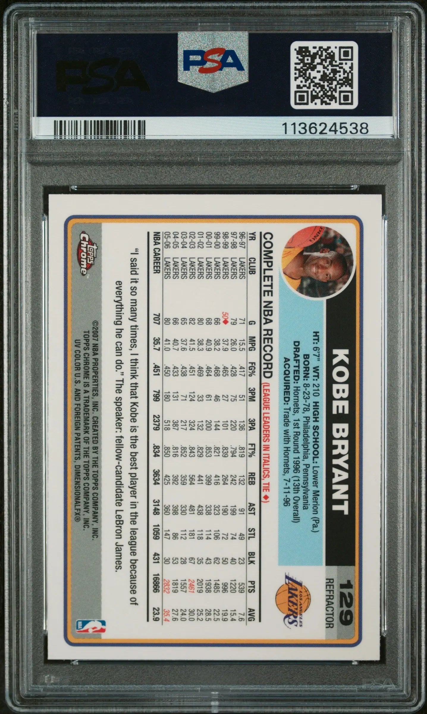 2006 Topps Chrome Kobe Bryant #129 Refractor PSA 9 Graded Basketball Card - Perfect for Collectors, Fans & Sports Memorabilia Displays